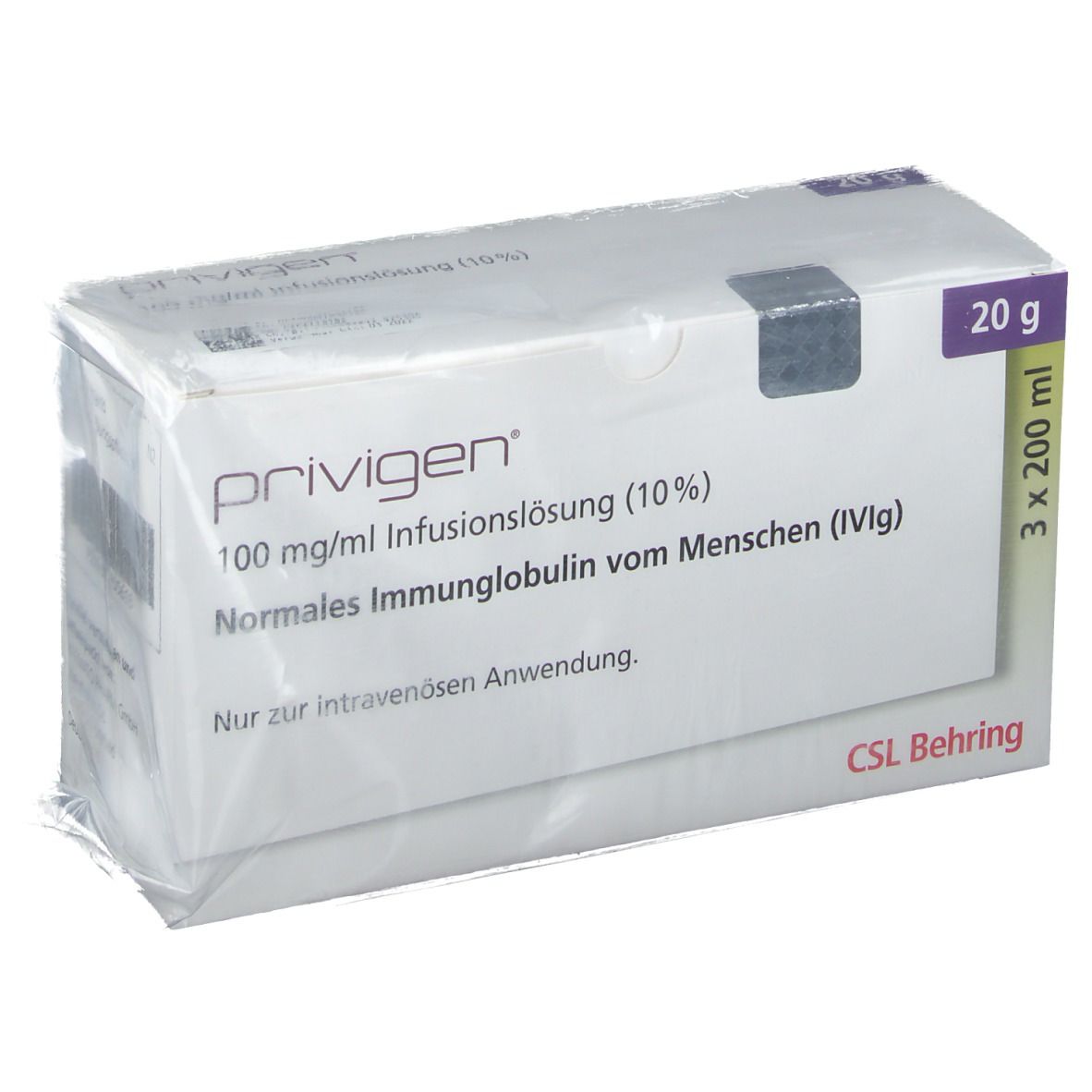 Verpackung von PRIVIGEN Infusionslösung. Enthält 3x200 ml. Aufschrift: 100 mg/ml Infusionslösung (10%) Normales Immunglobulin vom Menschen (IVIg).