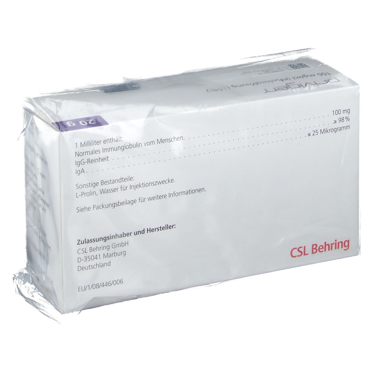 Rückseite der Verpackung von PRIVIGEN Infusionslösung. Enthält Informationen zu Inhaltsstoffen und Hersteller. Aufschrift: CSL Behring.