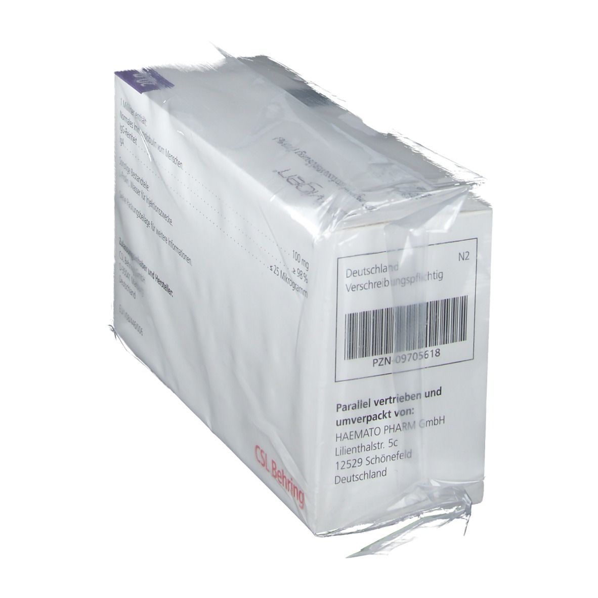 Seite der Verpackung von PRIVIGEN Infusionslösung. Enthält Informationen zum Vertrieb und Hersteller. Aufschrift: HAEMATO PHARM GmbH.