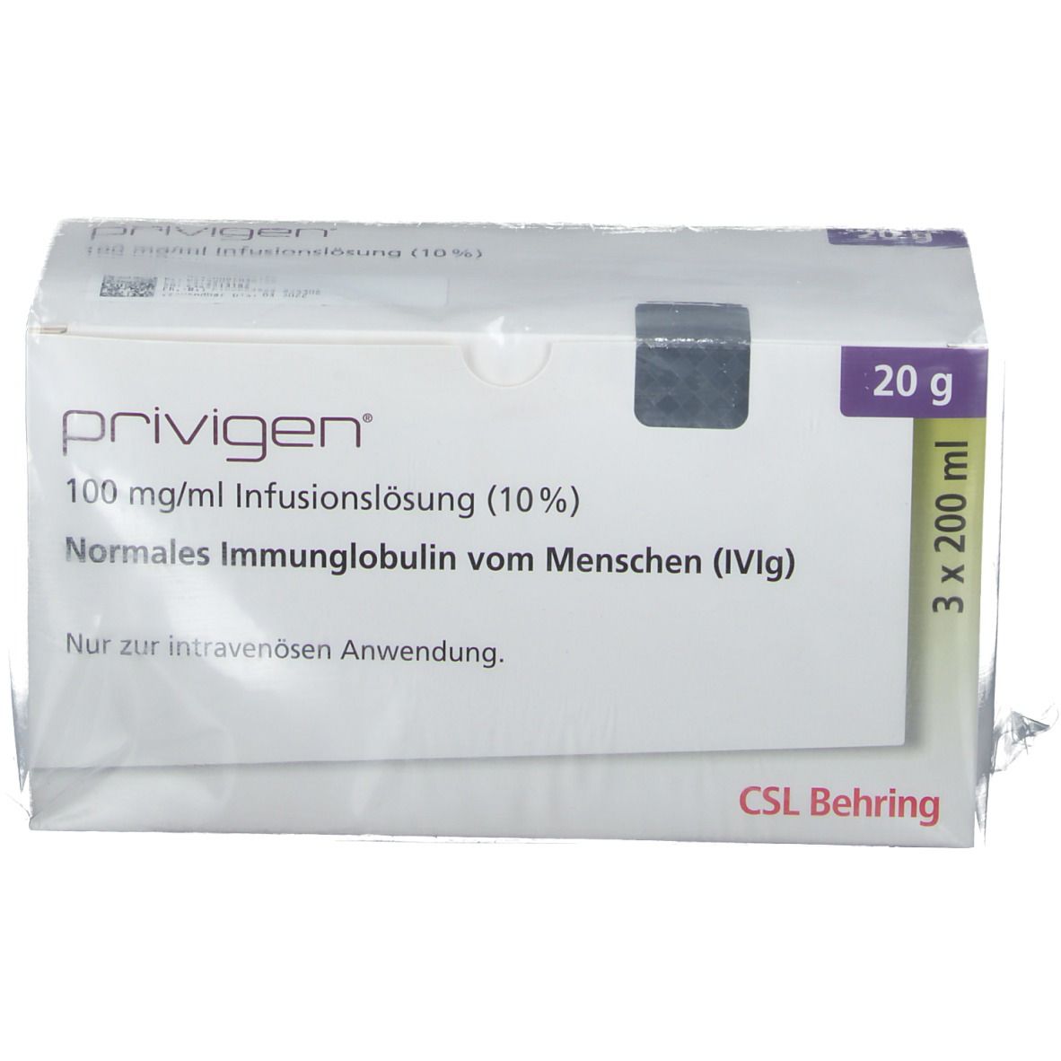 Verpackung von PRIVIGEN Infusionslösung. Aufschrift: 100 mg/ml Infusionslösung (10%) Normales Immunglobulin vom Menschen (IVIg). 3 x 200 ml.