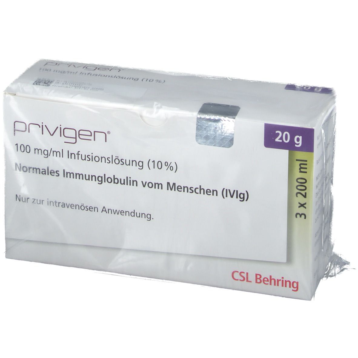 Verpackung von PRIVIGEN Infusionslösung. Aufschrift: 100 mg/ml Infusionslösung (10%) Normales Immunglobulin vom Menschen (IVIg). 3 x 200 ml.