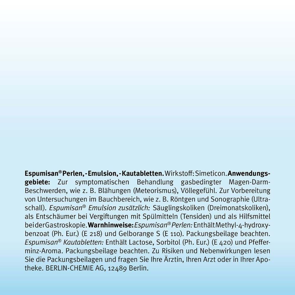 Text: Espumisan® Perlen, -Emulsion, -Kautabletten. Wirkstoff: Simeticon. Anwendungsgebiete. Warnhinweise. Berlin-Chemie AG.