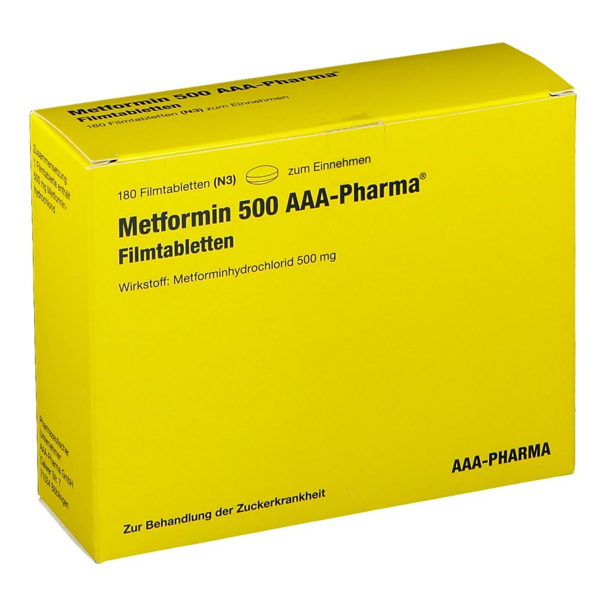 Gelbe Schachtel mit Aufschrift Metformin 500 AAA-Pharma. Enthält 180 Filmtabletten. Text: Zur Behandlung der Zuckerkrankheit.