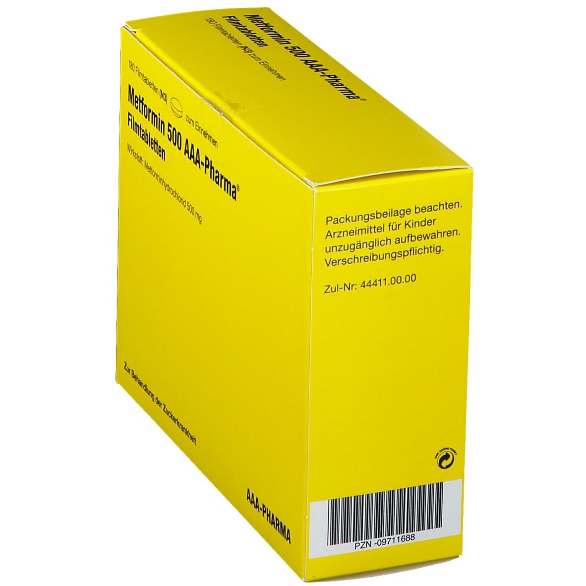 Gelbe Schachtel mit Barcode und Text. Aufschrift: Metformin 500 AAA-Pharma. Enthält 180 Filmtabletten. Text: Zur Behandlung der Zuckerkrankheit.