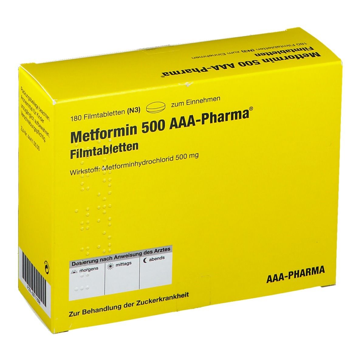 Gelbe Schachtel mit Aufschrift Metformin 500 AAA-Pharma. Enthält 180 Filmtabletten. Dosierungshinweis: morgens, mittags, abends.