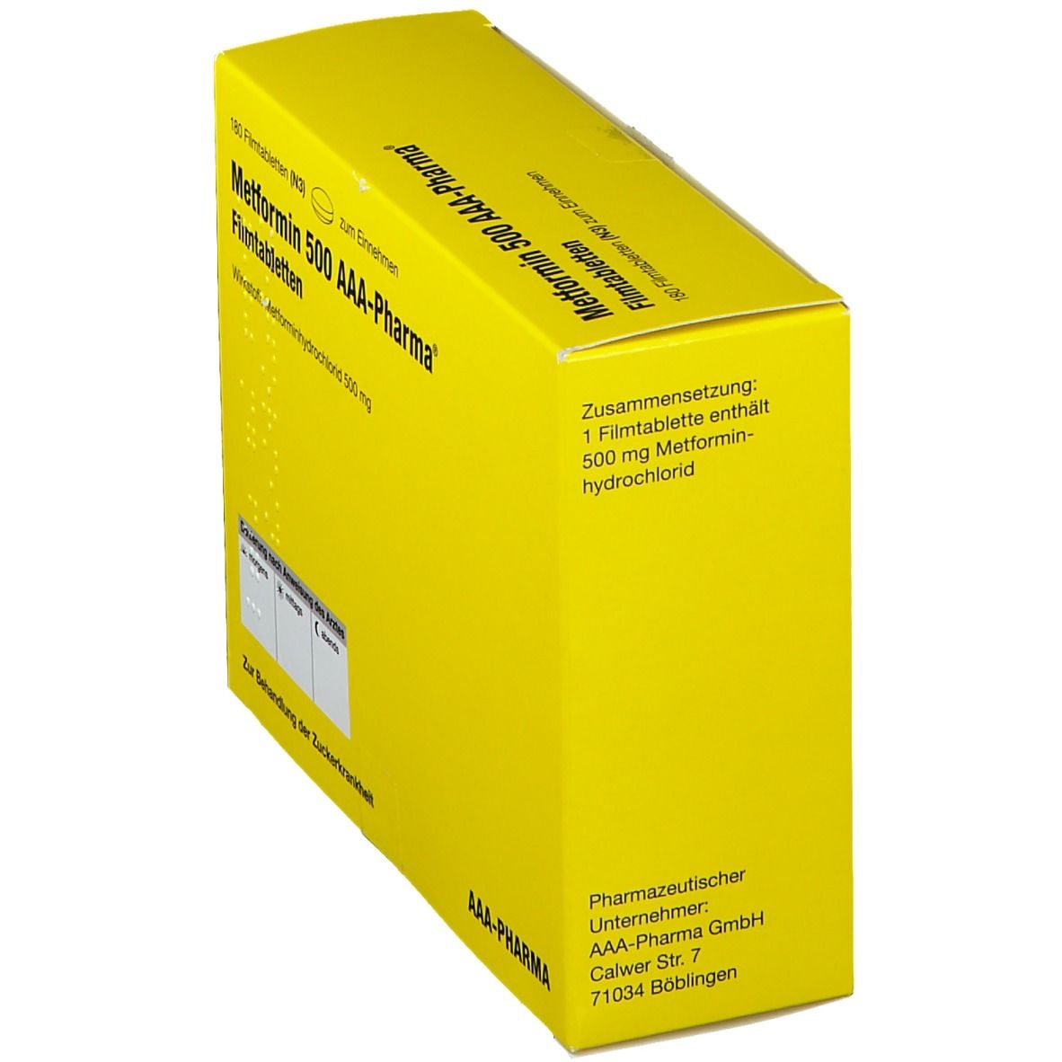 Gelbe Schachtel mit Aufschrift Metformin 500 AAA-Pharma. Enthält 180 Filmtabletten. Text: Zusammensetzung: 500 mg Metforminhydrochlorid.