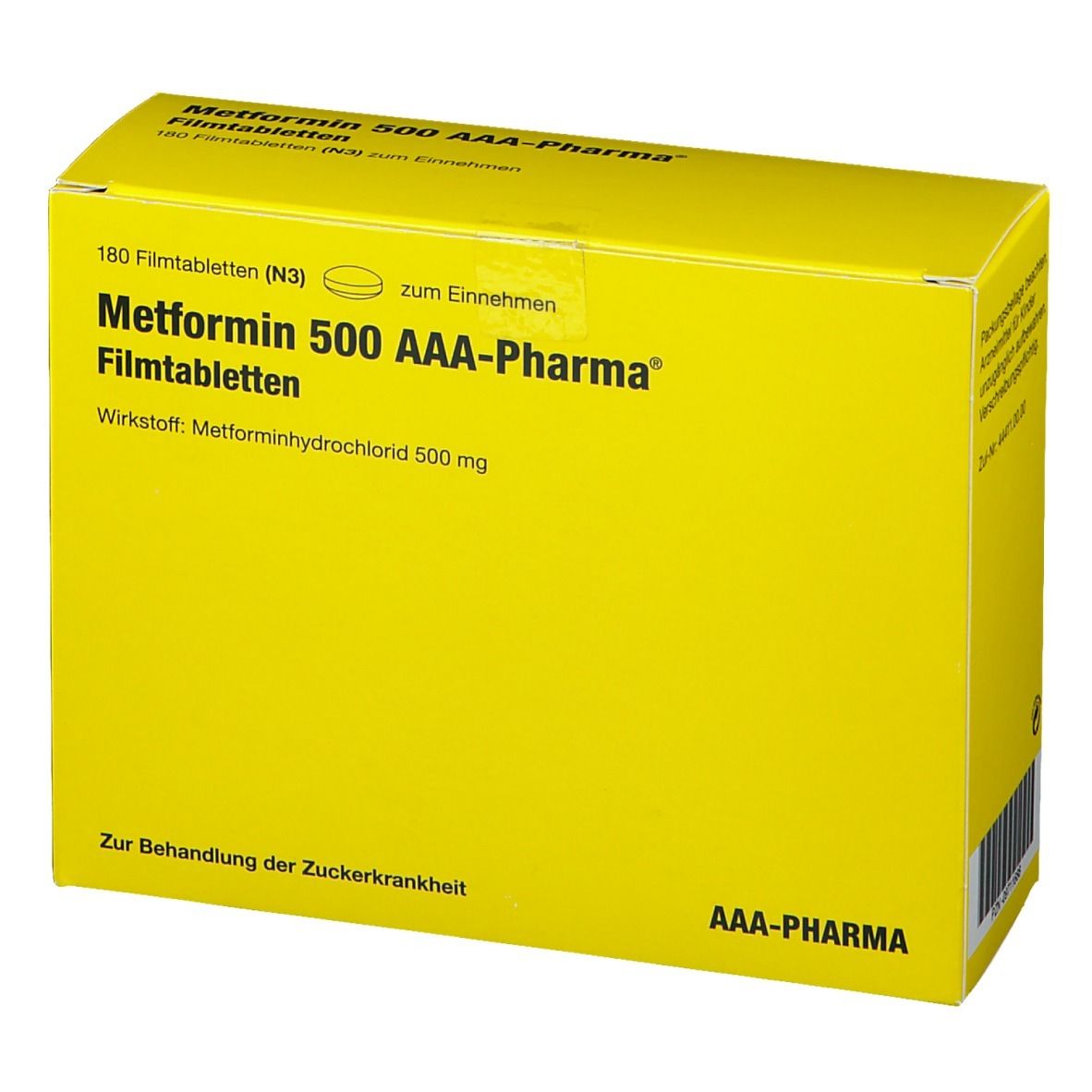 Gelbe Schachtel mit Aufschrift Metformin 500 AAA-Pharma. Enthält 180 Filmtabletten. Text: Zur Behandlung der Zuckerkrankheit.