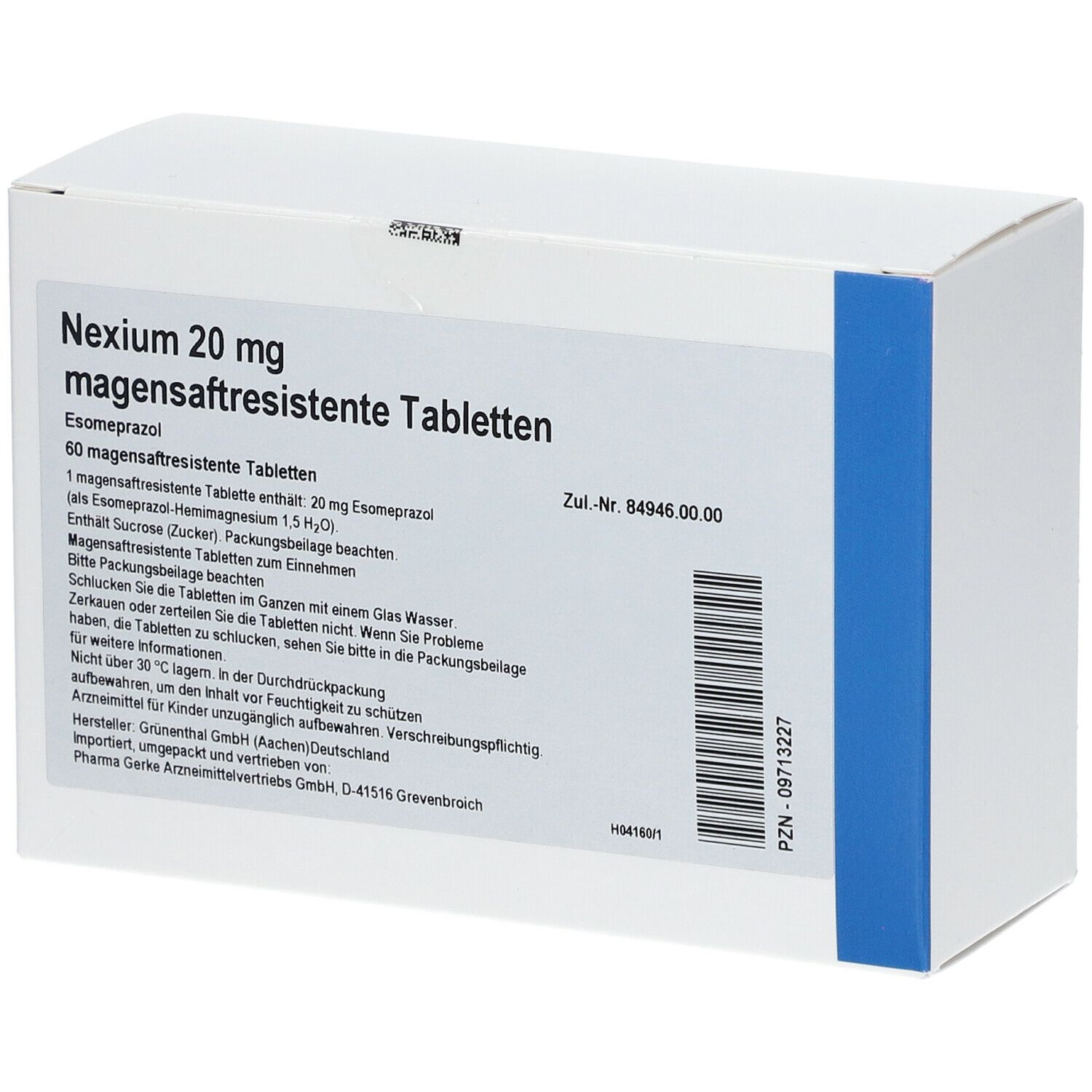 Weiße rechteckige Schachtel mit blauer Seitenfläche. Aufschrift: Nexium 20 mg magensaftresistente Tabletten. Enthält 60 Tabletten. Text in deutscher Sprache.