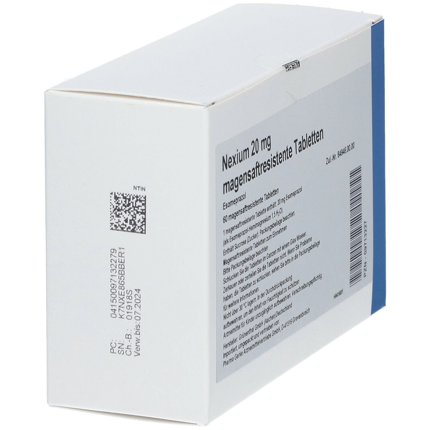 Weiße rechteckige Schachtel, schräg von oben. Blaue Seitenfläche. Aufschrift: Nexium 20 mg magensaftresistente Tabletten. Text in deutscher Sprache. Barcode und andere Informationen.