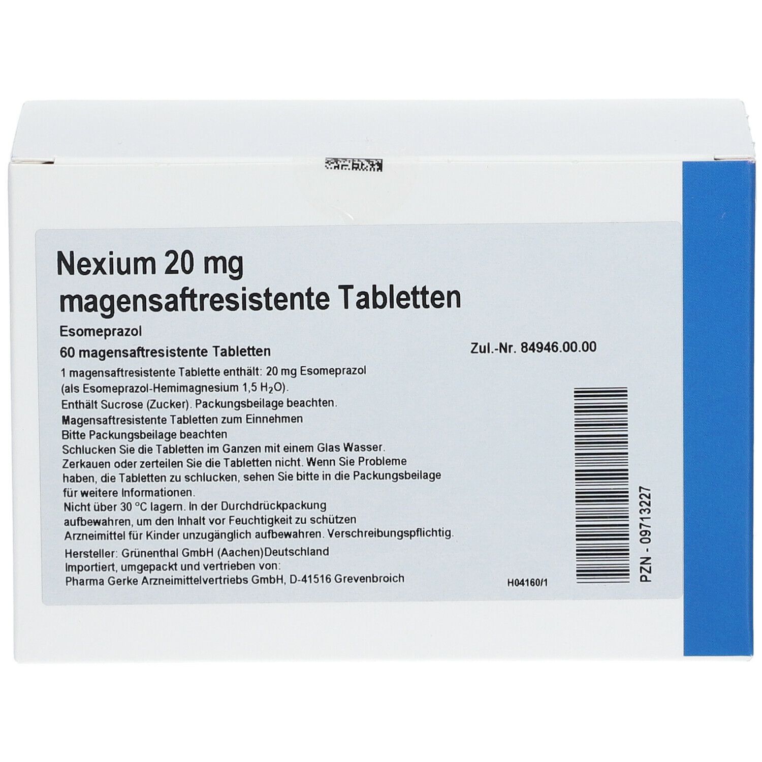Weiße rechteckige Schachtel. Aufschrift: Nexium 20 mg magensaftresistente Tabletten. Enthält 60 Tabletten. Text in deutscher Sprache.