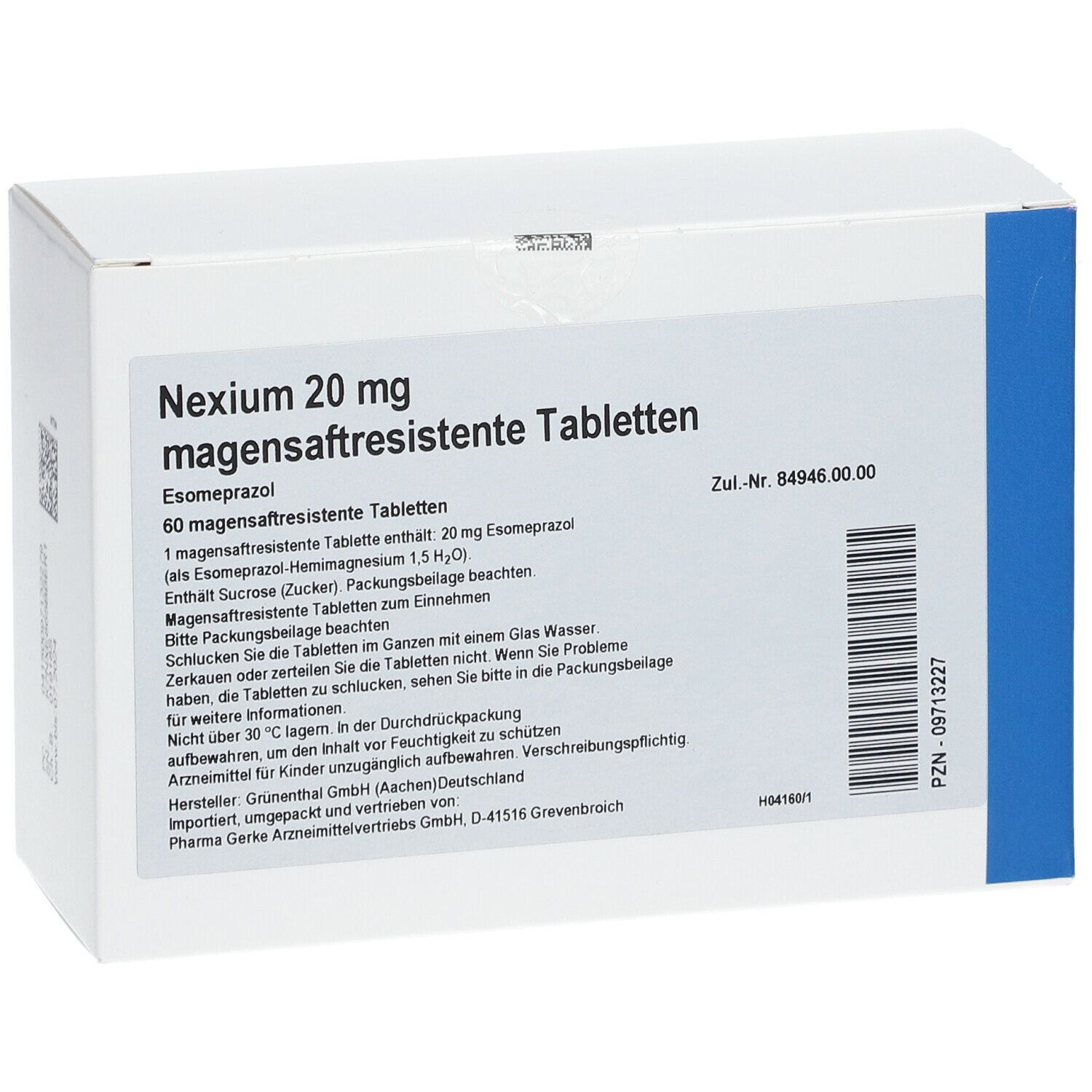 Weiße rechteckige Schachtel. Aufschrift: Nexium 20 mg magensaftresistente Tabletten. Enthält 60 Tabletten. Text in deutscher Sprache.
