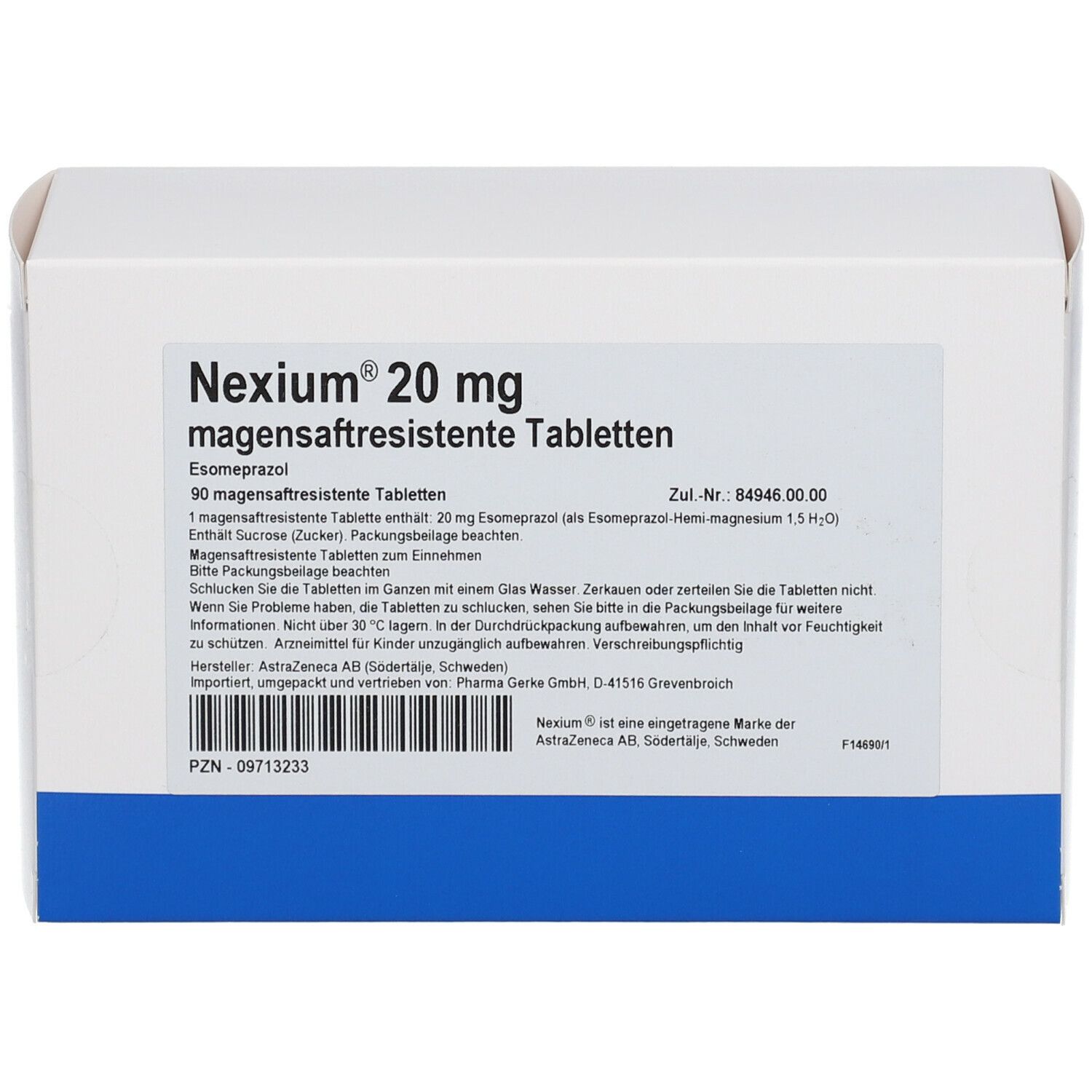 Weiße Schachtel mit blauer Unterseite. Aufschrift: Nexium 20 mg magensaftresistente Tabletten. Enthält 90 Tabletten. PZN-09713233.