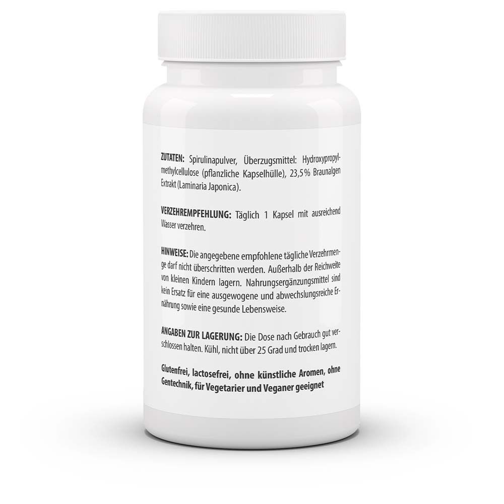 Rückseite der weißen Flasche. Text: Zutaten, Verzehrempfehlung, Hinweise, Angaben zur Lagerung. Geeignet für Veganer.