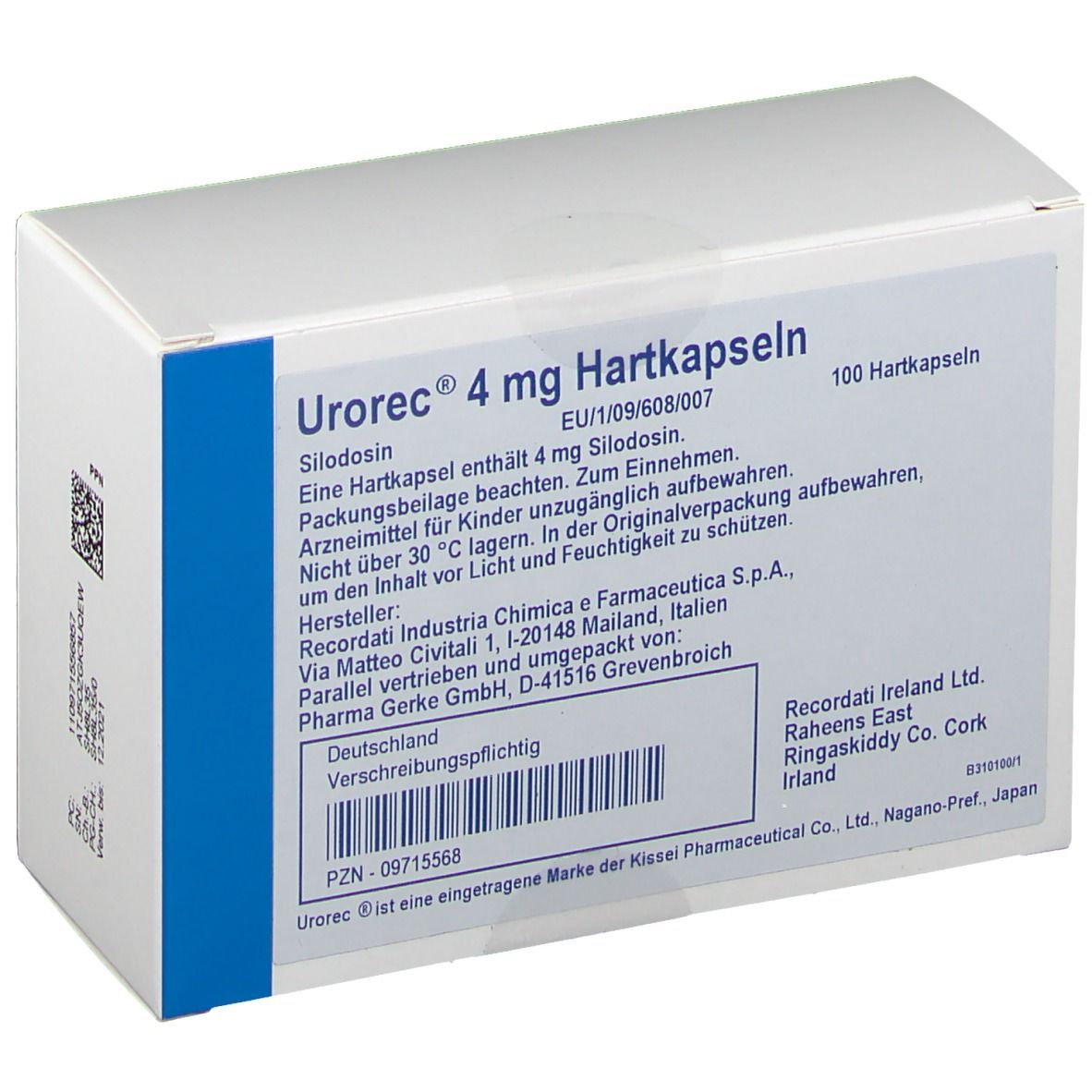 Weiße rechteckige Schachtel mit blauer Markierung. Aufschrift: Urorec 4 mg Hartkapseln. Enthält 100 Hartkapseln. Text in deutscher Sprache.