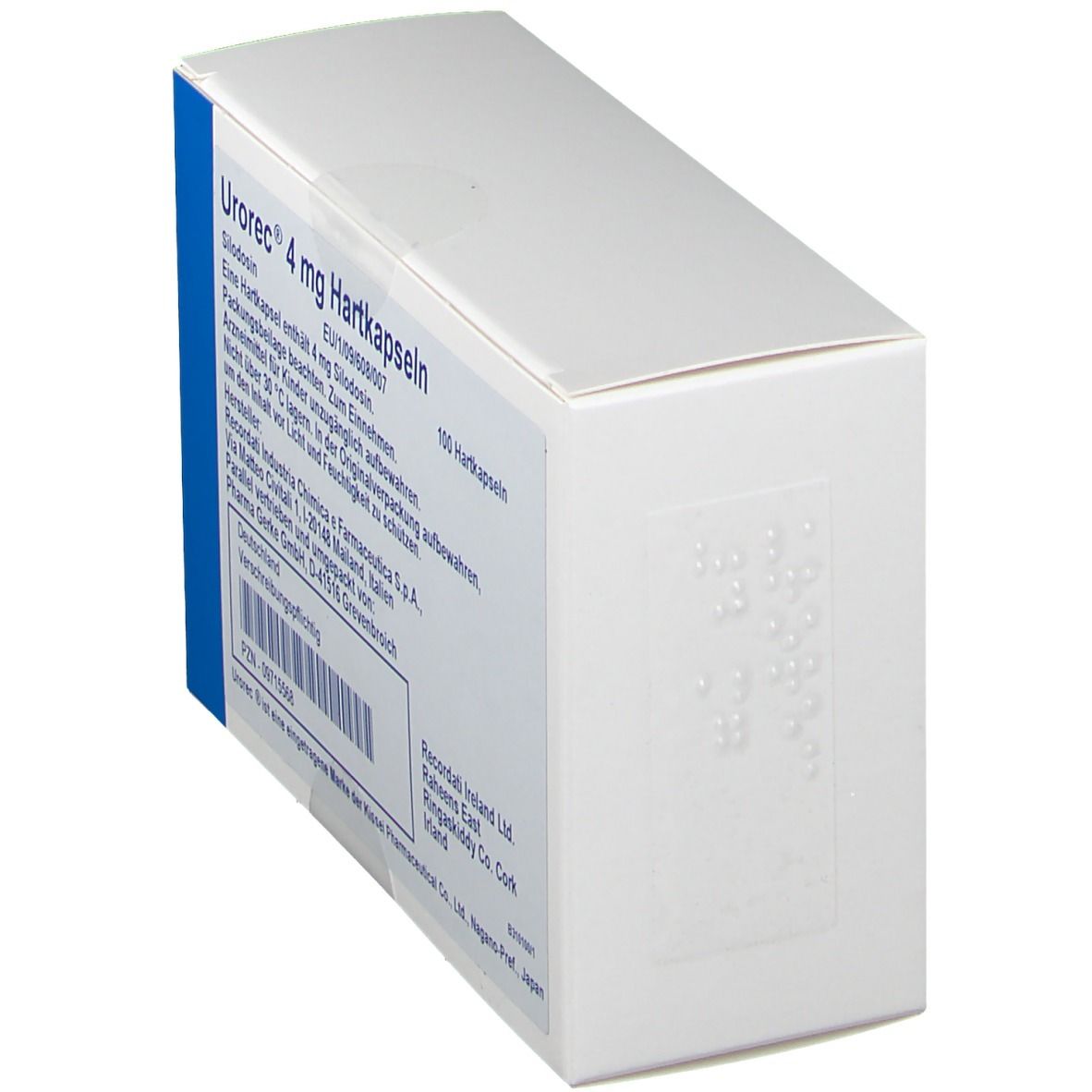 Weiße Schachtel, schräg von der Seite gesehen. Blaue Markierung mit Text: Urorec 4 mg Hartkapseln. Auf der Seite Blindenschrift.