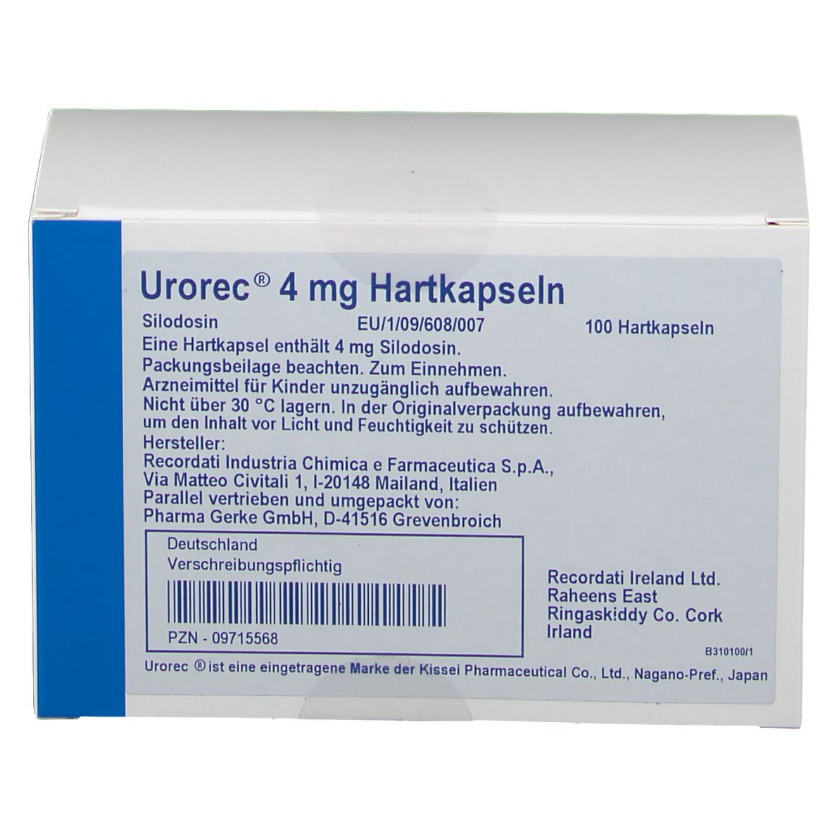 Weiße rechteckige Schachtel mit Aufschrift: Urorec 4 mg Hartkapseln. Enthält 100 Hartkapseln. Text in deutscher Sprache.