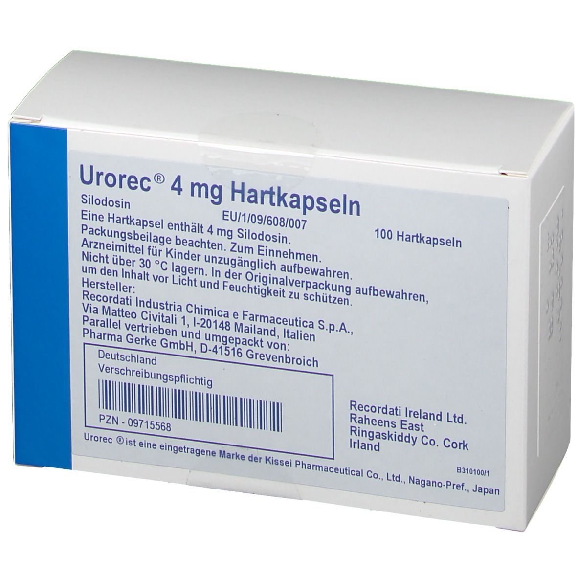 Weiße rechteckige Schachtel mit Aufschrift: Urorec 4 mg Hartkapseln. Enthält 100 Hartkapseln. Text in deutscher Sprache.