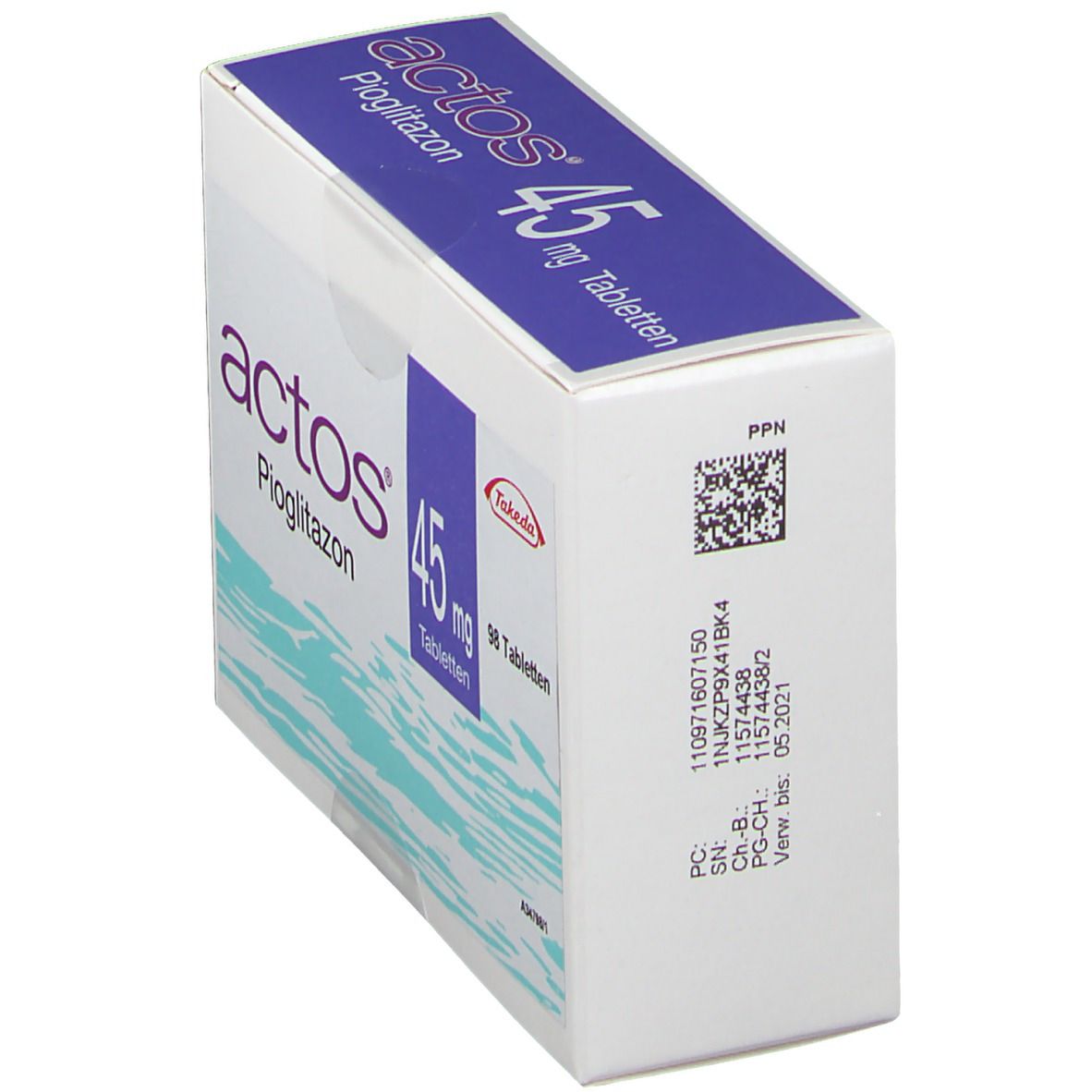 Schachtel "actos 45 mg Tabletten" in Schrägansicht. Weiße Verpackung, blaue und lila Schrift. Takeda Logo.