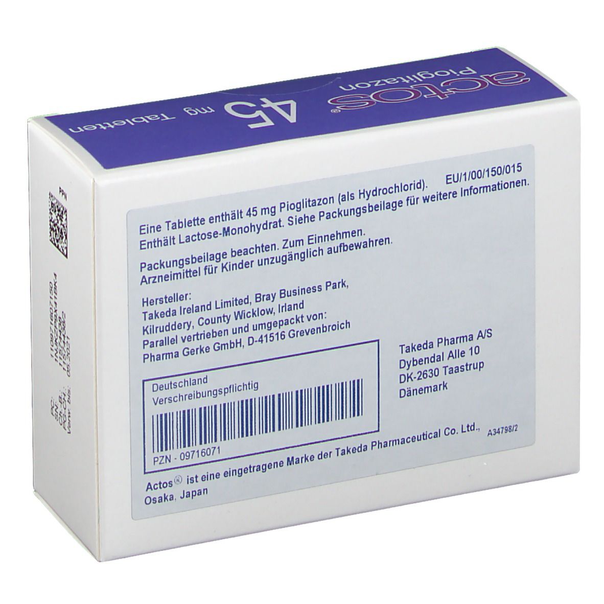 Rückseite der Schachtel "actos 45 mg Tabletten". Textinformationen, Barcode, Herstellerangaben.