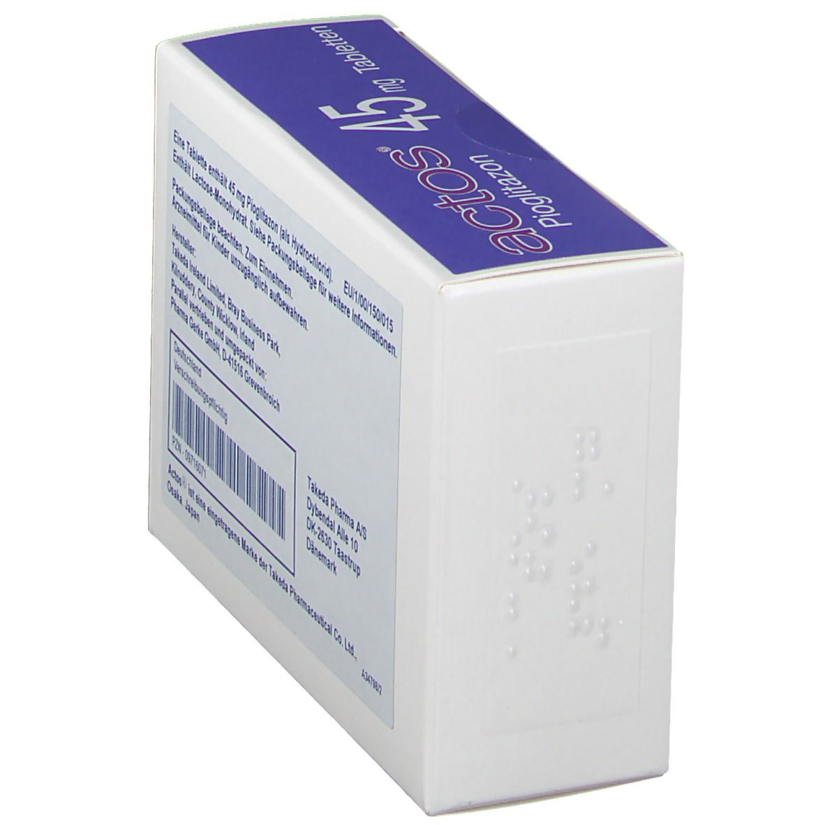 Schachtel "actos 45 mg Tabletten" in Schrägansicht. Rückseite mit Text und Blindenschrift.