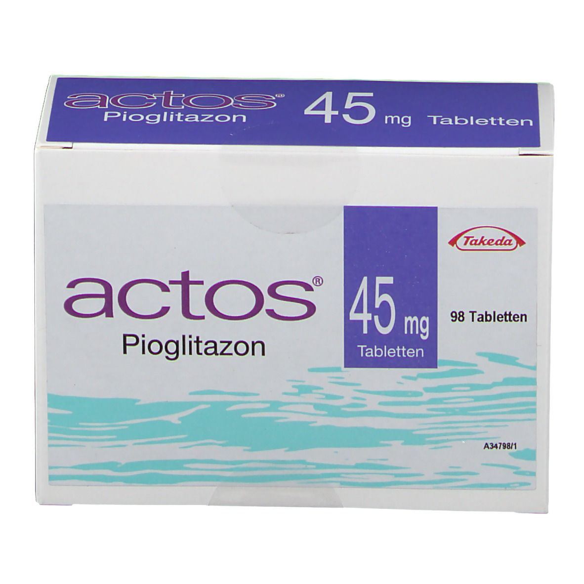 Weiße Schachtel "actos 45 mg Tabletten". Lila Schrift, blaue Akzente. Takeda Logo. 98 Tabletten.