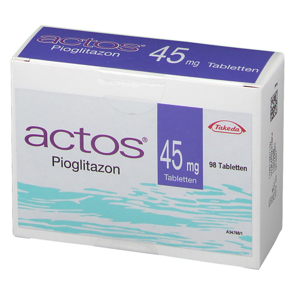 Schachtel "actos 45 mg Tabletten". Weiße Verpackung, lila und blaue Schrift. Takeda Logo. 98 Tabletten.