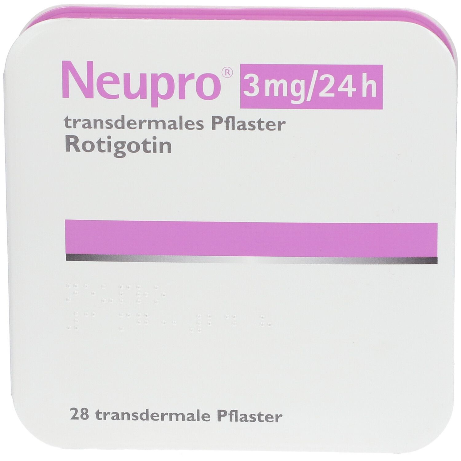 Neupro 3 mg/24 h Verpackung. Weiß mit lila Akzenten. Enthält 28 transdermale Pflaster. Vorderansicht.