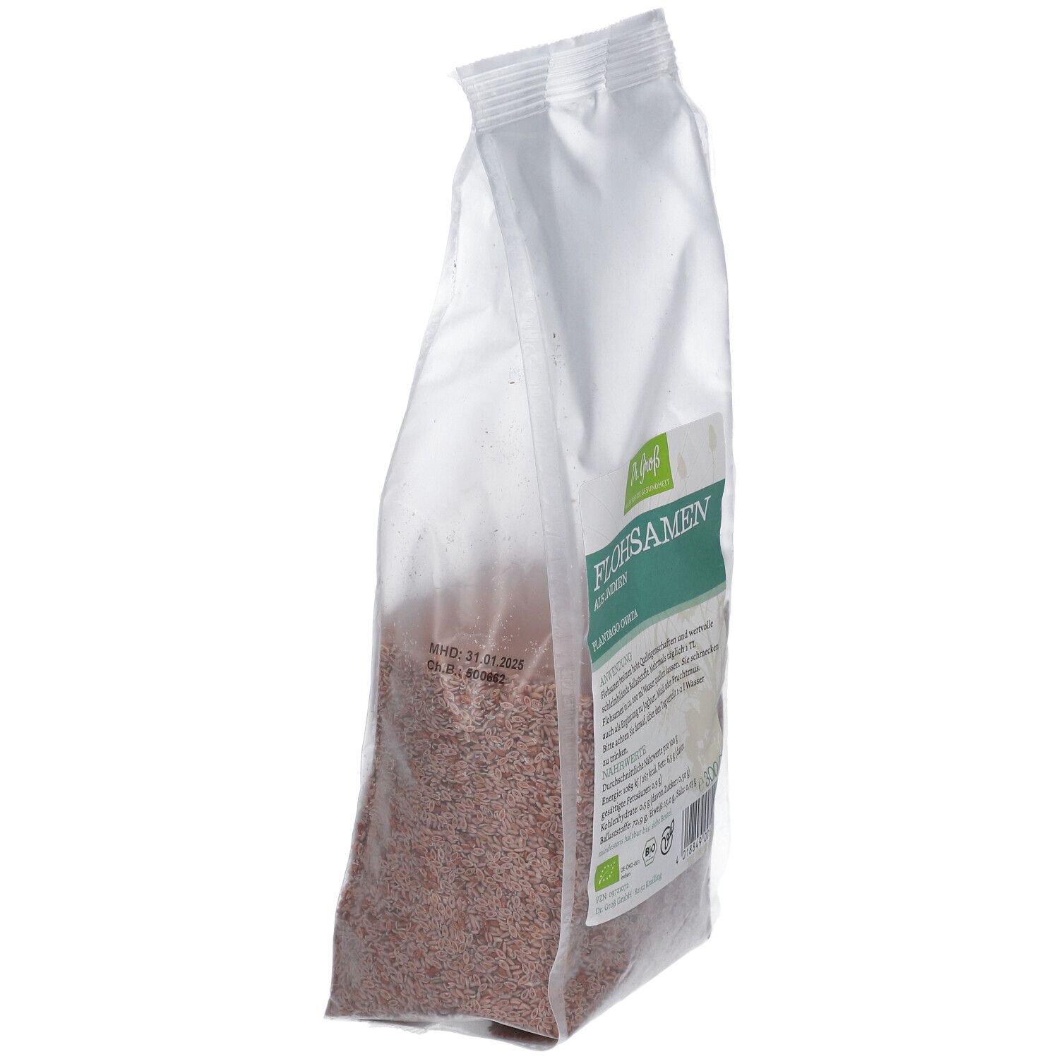 Transparente Tüte mit Dr. Groß Flohsamen. Seitenansicht. Aufkleber mit Produktinformationen. Inhalt: braune Samen.
