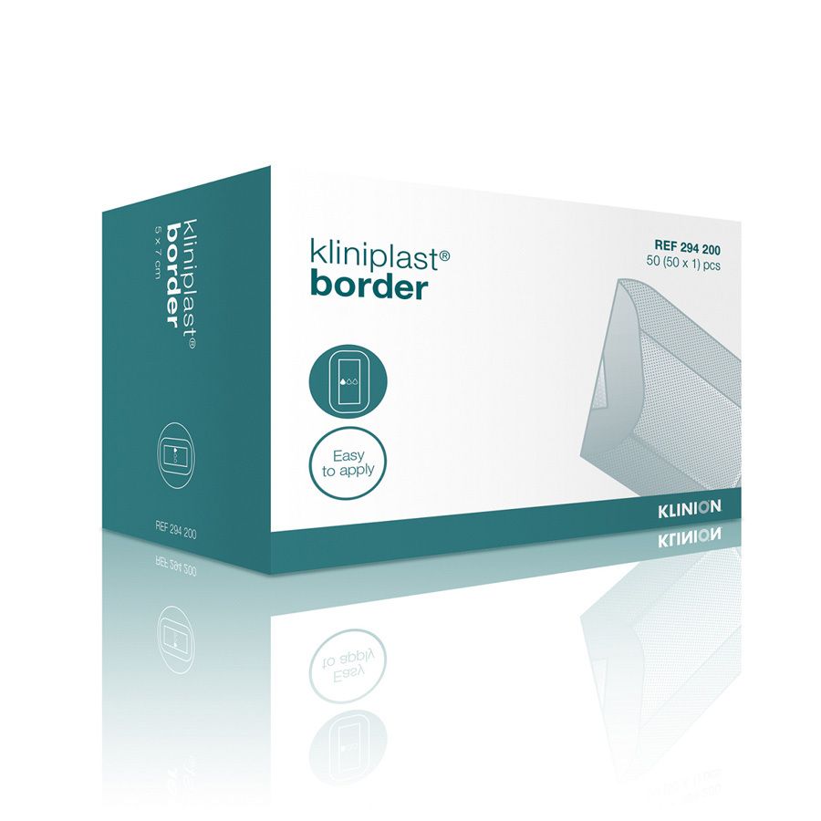 Verpackung von KLINIPLAST® Border Wundverband. Weiß-türkise Schachtel mit Produktnamen und Logo. Enthält 50 Stück. Steril.