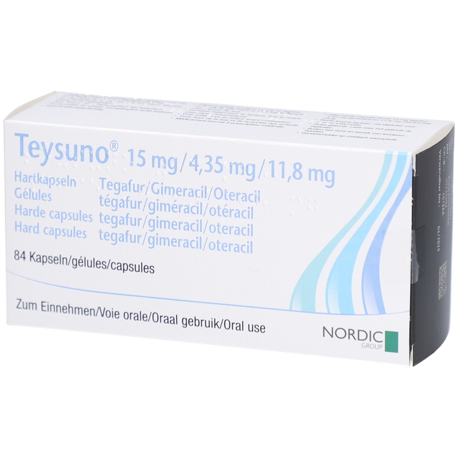 Schachtel mit Aufschrift Teysuno 15 mg/4,35 mg/11,8 mg. Enthält 84 Kapseln. Nordic Group Logo.