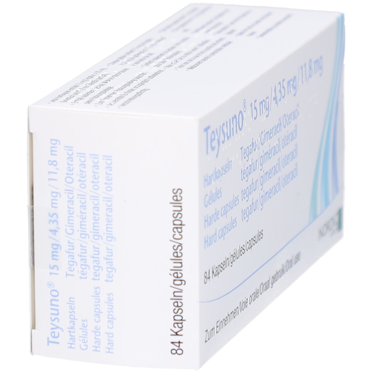 Schachtel Teysuno 15 mg/4,35 mg/11,8 mg. Enthält 84 Kapseln. Seitenansicht mit Produktinformationen.