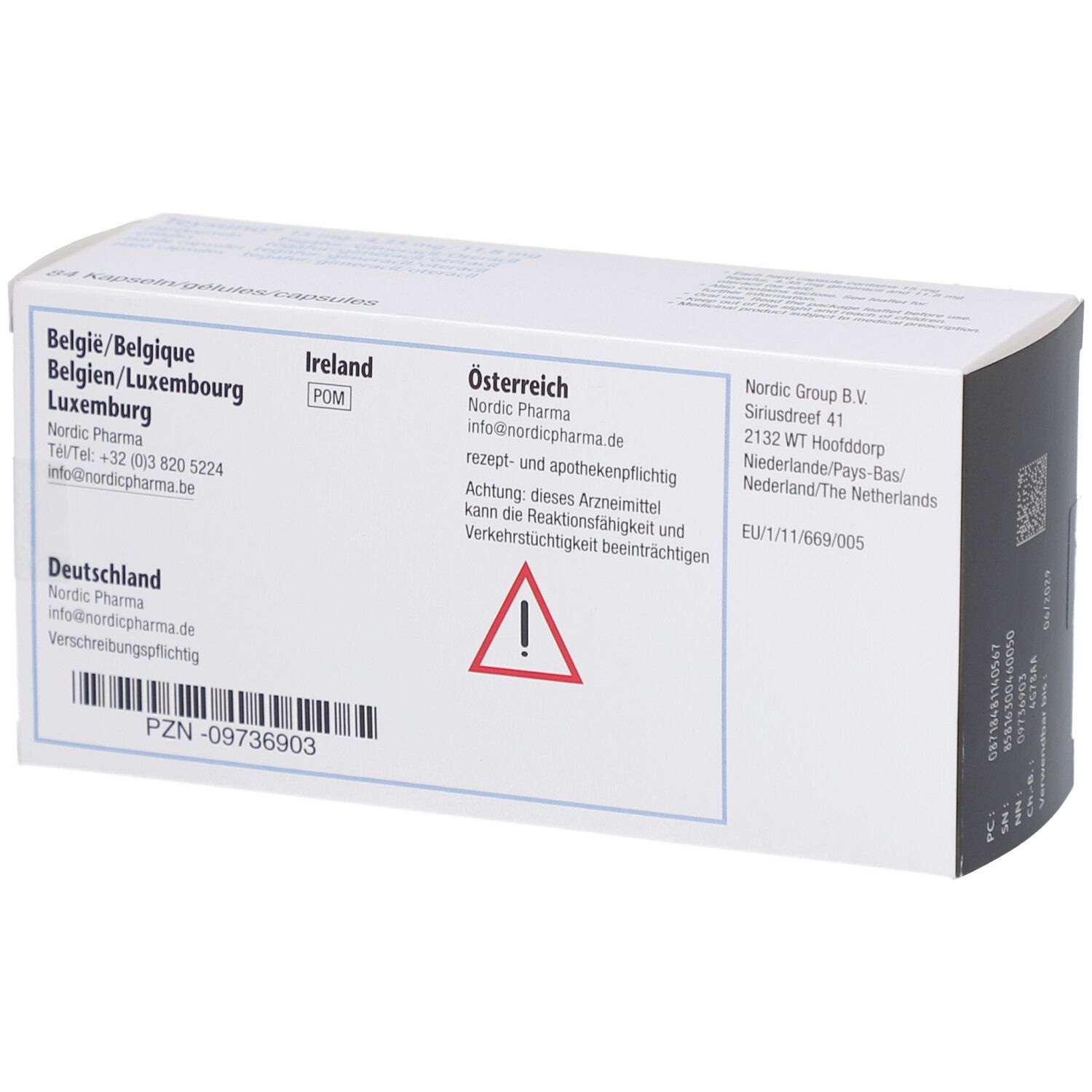 Rückseite der Schachtel. Enthält Informationen zu Nordic Pharma, Warnhinweis und PZN-Nummer.