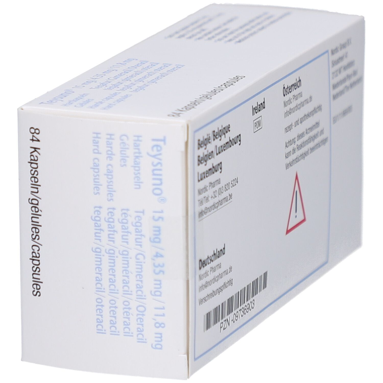Schachtel Teysuno 15 mg/4,35 mg/11,8 mg. Enthält 84 Kapseln. Seitenansicht mit Informationen.