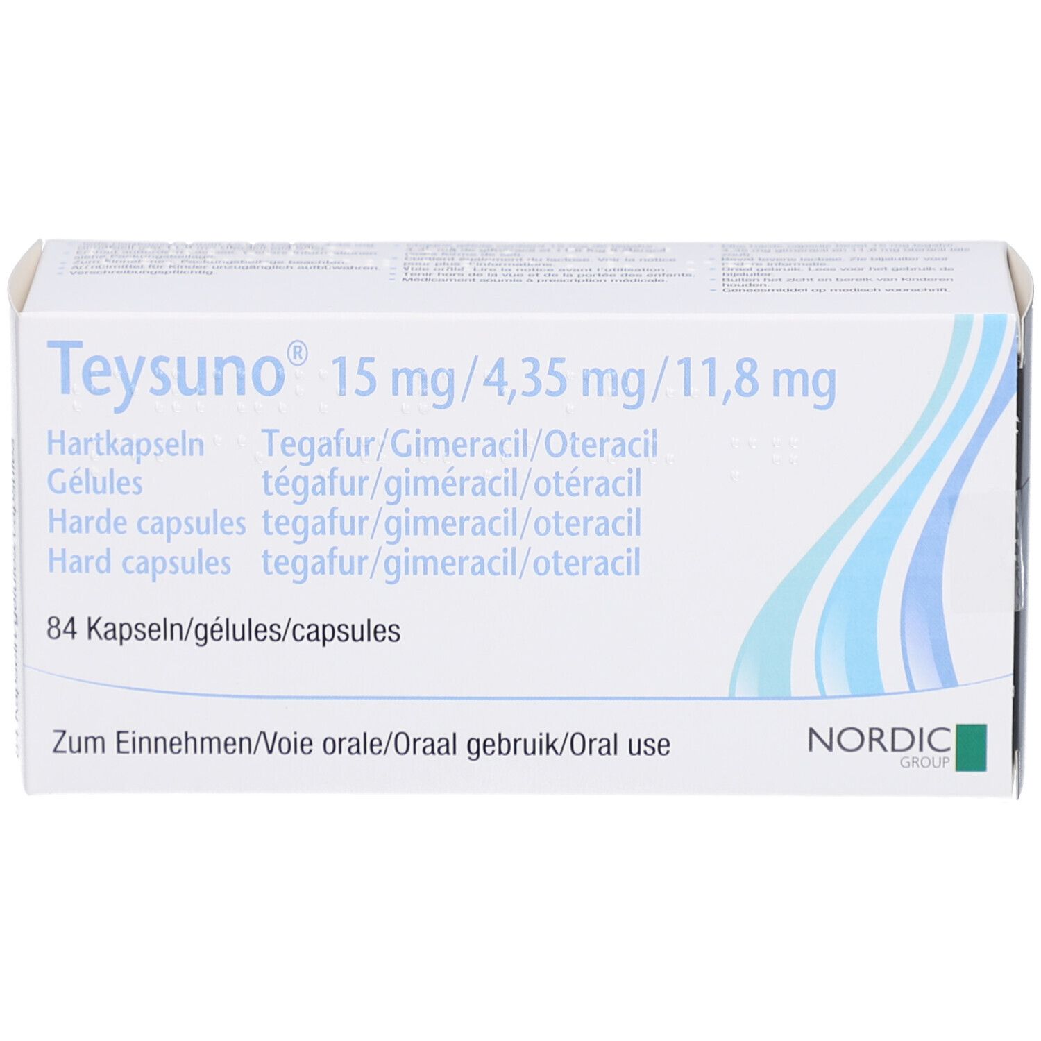 Schachtel mit Aufschrift Teysuno 15 mg/4,35 mg/11,8 mg. Enthält 84 Kapseln. Nordic Group Logo.
