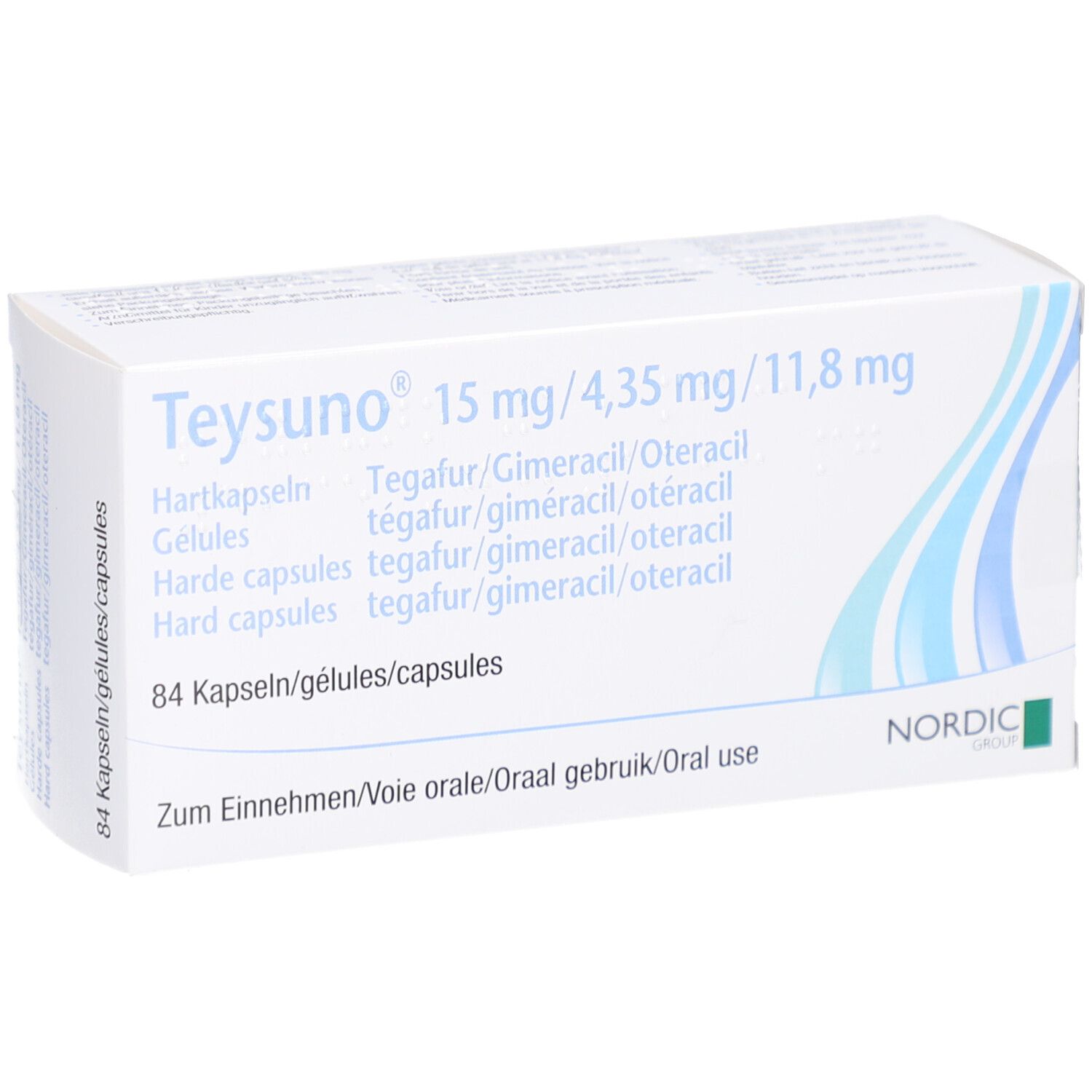 Schachtel mit Aufschrift Teysuno 15 mg/4,35 mg/11,8 mg. Enthält 84 Kapseln. Nordic Group Logo.