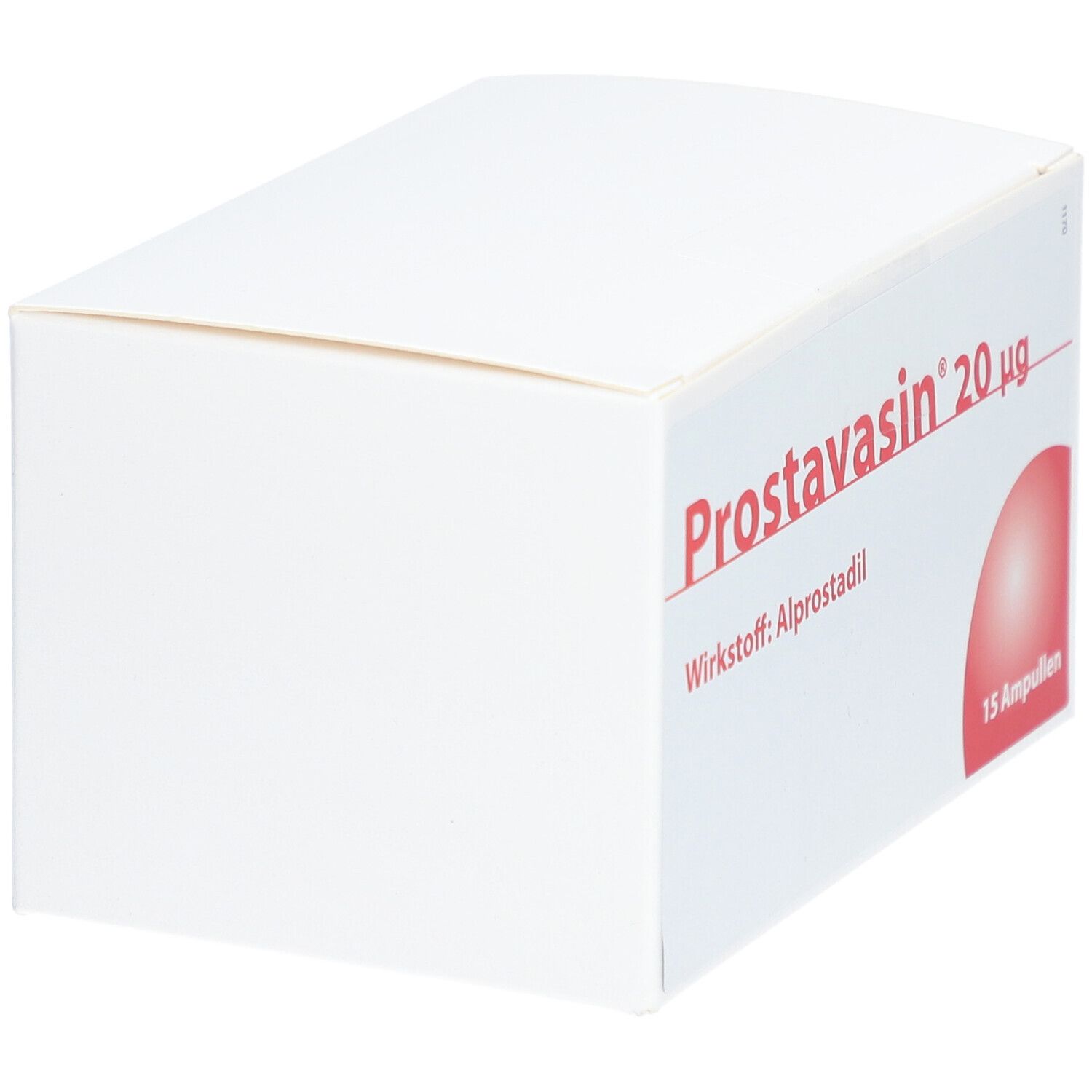 PROSTAVASIN 20 µg-Packung, schräg. Aufschrift: Wirkstoff Alprostadil, 15 Ampullen. Roter Kreis unten rechts.