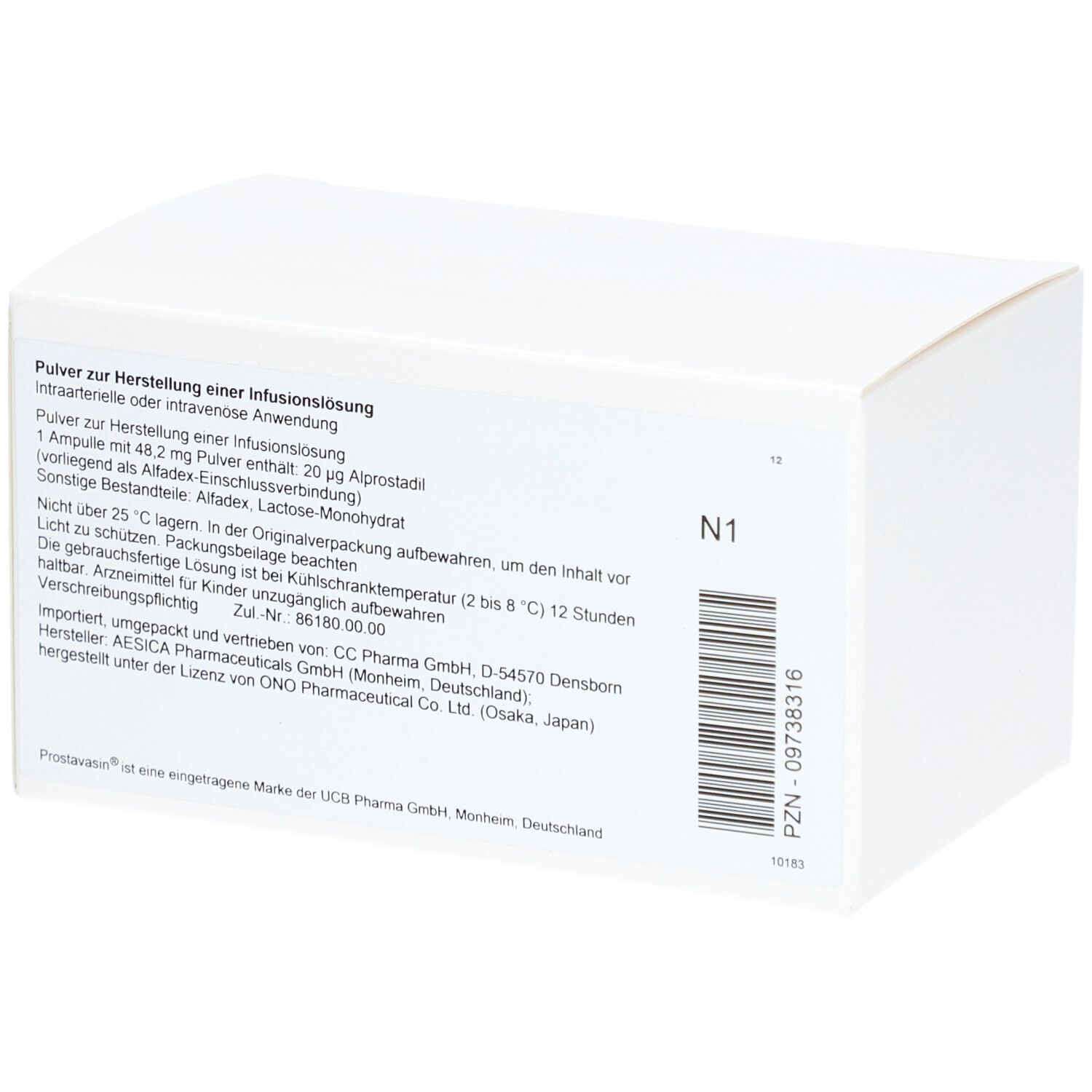 PROSTAVASIN 20 µg-Packung, Rückseite. Text: Pulver zur Herstellung einer Infusionslösung. N1-Kennzeichnung.