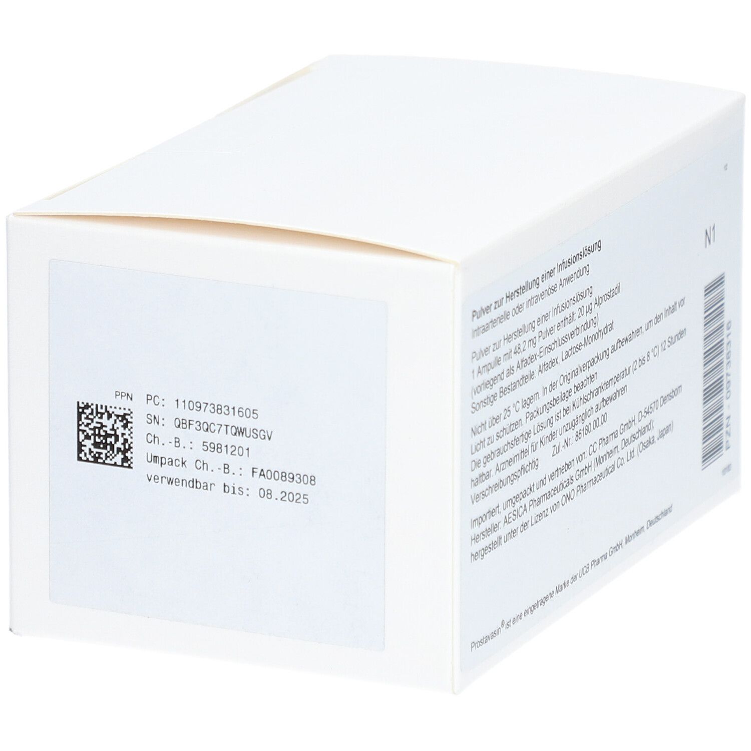 PROSTAVASIN 20 µg-Packung, Rückseite. Barcode, Verfallsdatum 08.2025. Text: Pulver zur Herstellung einer Infusionslösung.