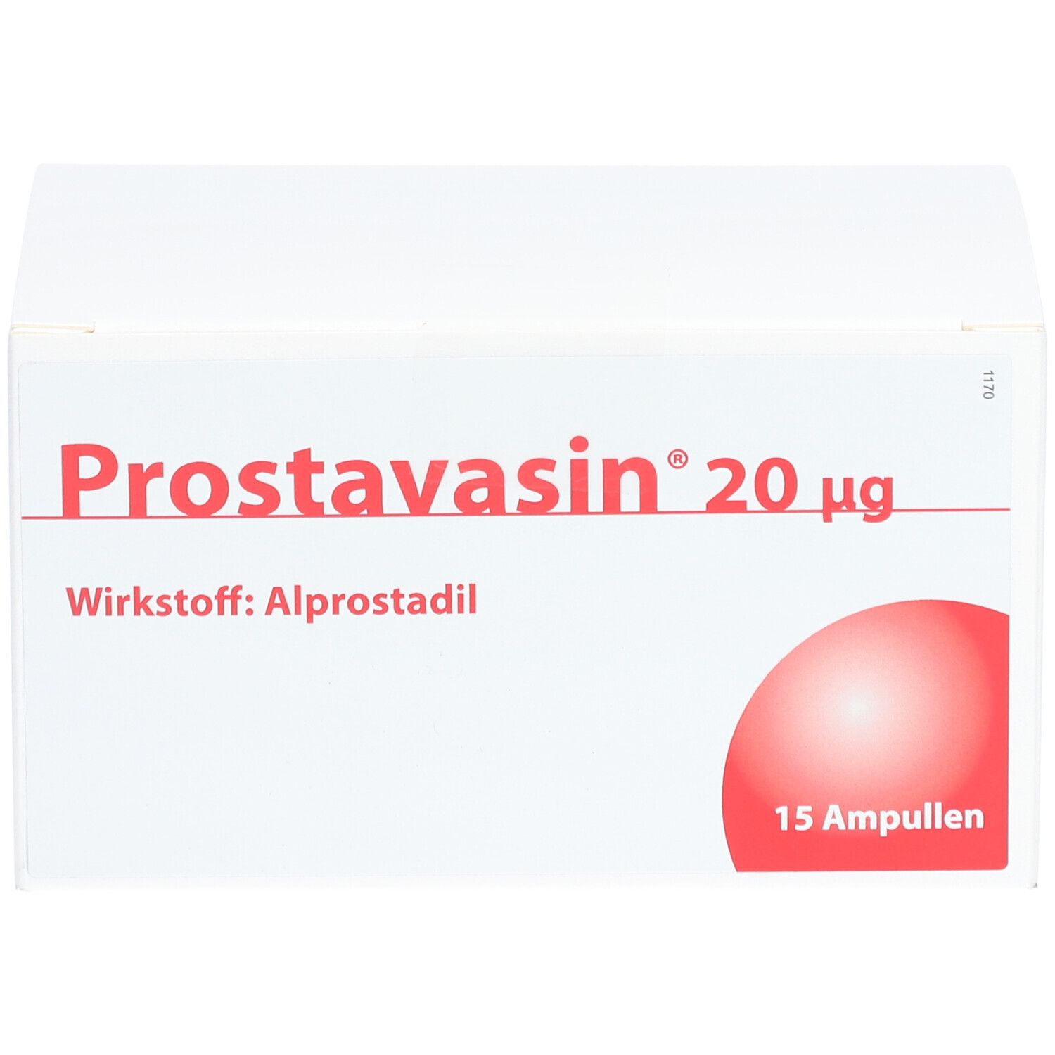 PROSTAVASIN 20 µg-Packung. Aufschrift: Wirkstoff Alprostadil, 15 Ampullen. Roter Kreis unten rechts.