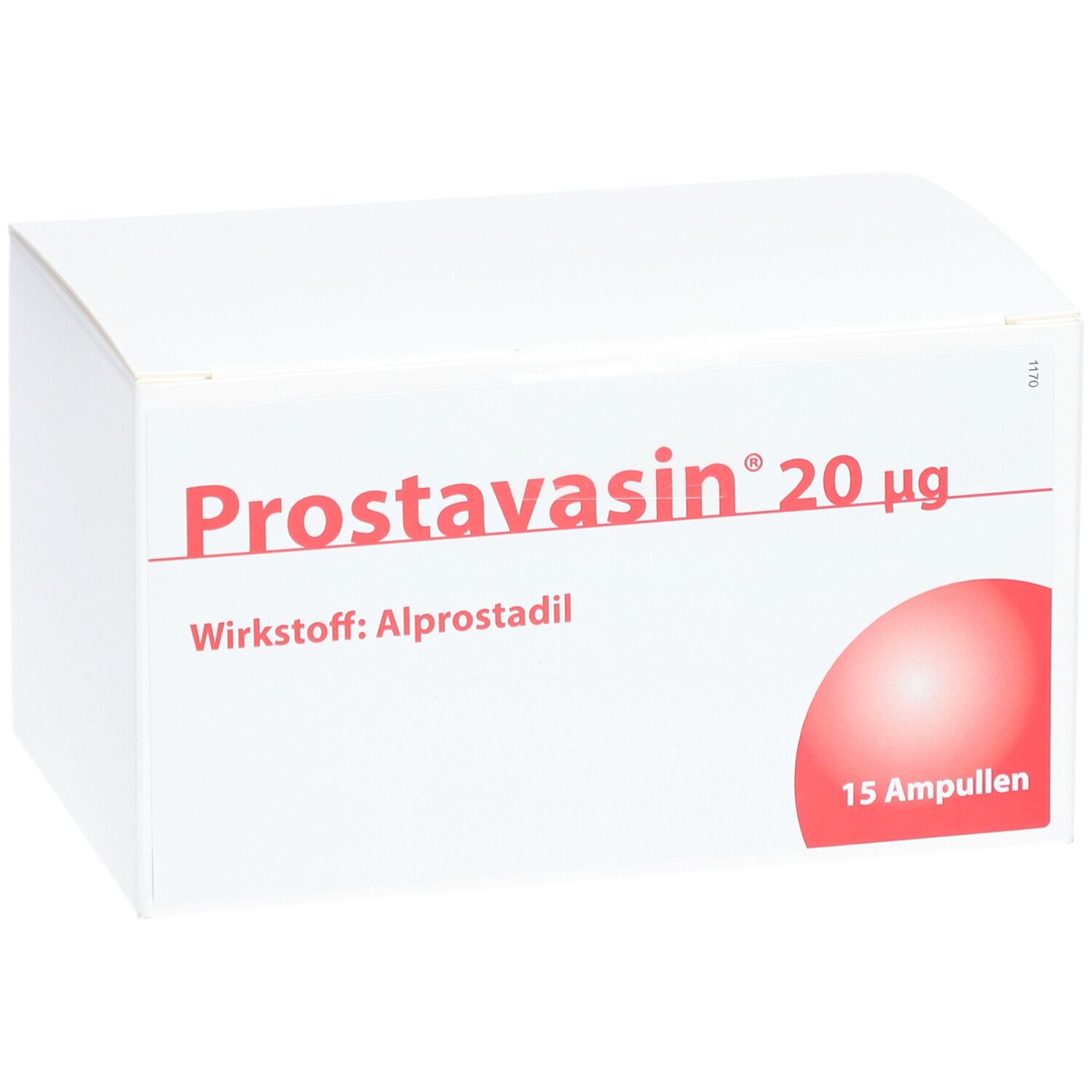 PROSTAVASIN 20 µg-Packung. Aufschrift: Wirkstoff Alprostadil, 15 Ampullen. Roter Kreis unten rechts.