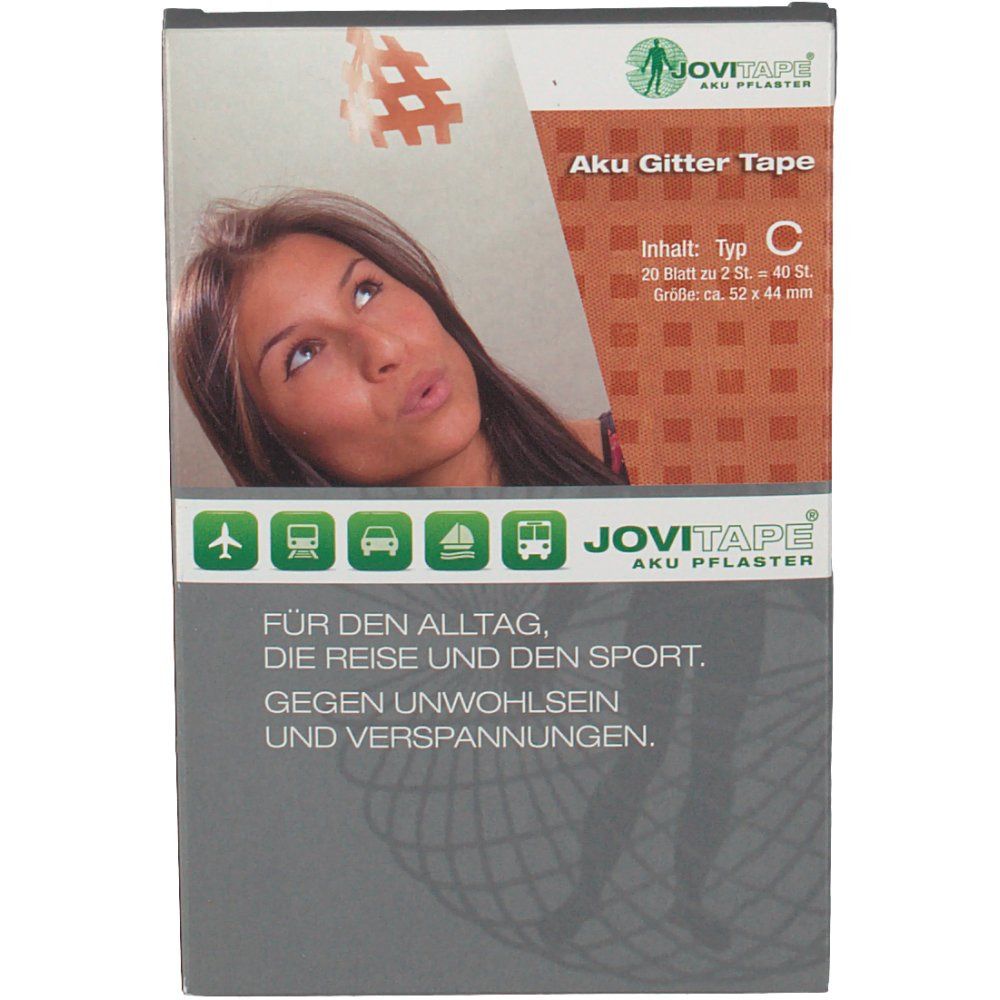 Verpackung mit Produktinformationen. Oben rechts: JOVITAPE Logo. Text: Aku Gitter Tape, Typ C, 20 Stück. Unten: Text für Alltag, Reise und Sport.
