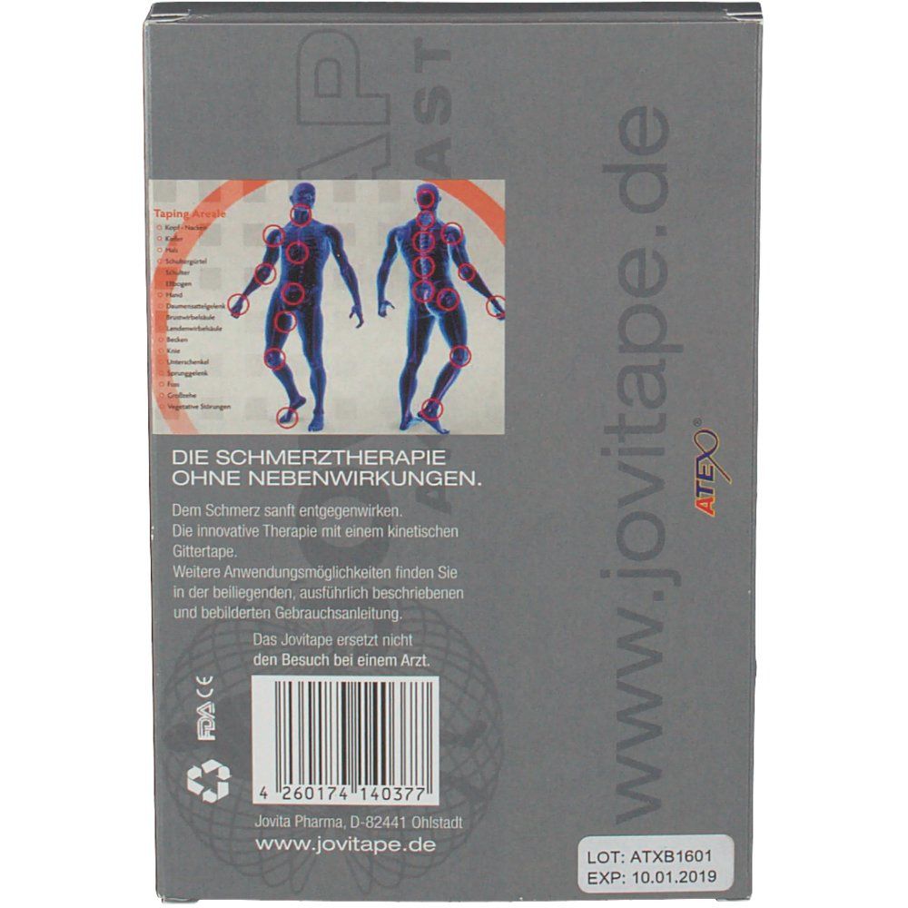 Rückseite der Verpackung. Text: Die Schmerztherapie ohne Nebenwirkungen. Barcode und Kontaktinformationen. Logo: JOVITAPE.de.