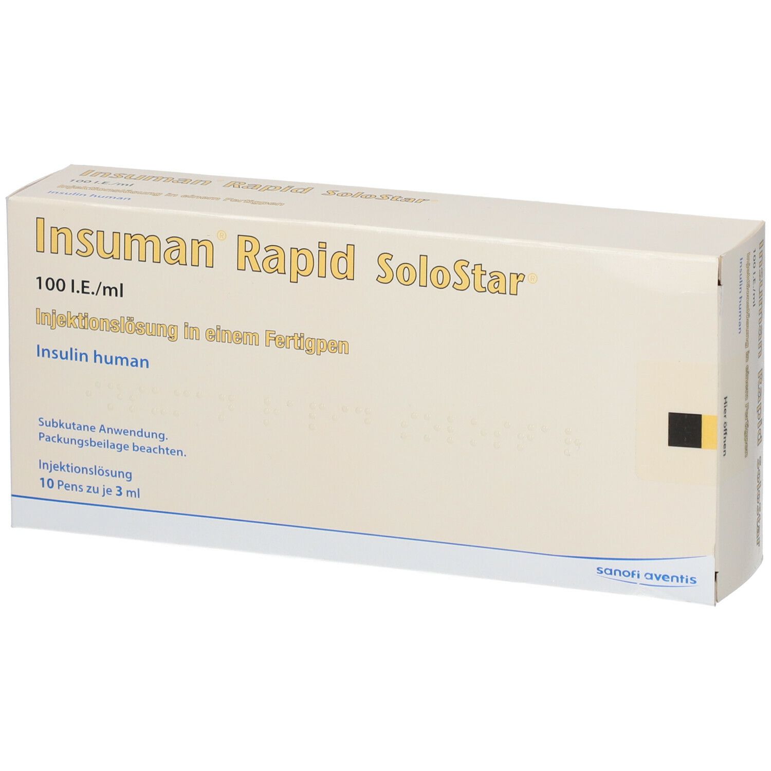 Karton von Insuman Rapid SoloStar. Aufschrift: 100 I.E./ml, Injektionslösung. Sanofi-Aventis Logo. 10 Pens.