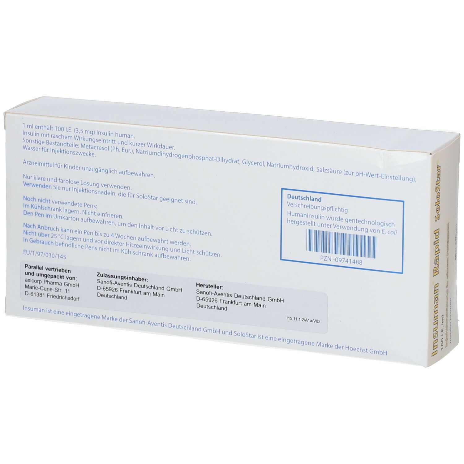 Rückseite des Kartons von Insuman Rapid SoloStar. Enthält Informationen und Barcode. Hersteller: Sanofi-Aventis Deutschland.