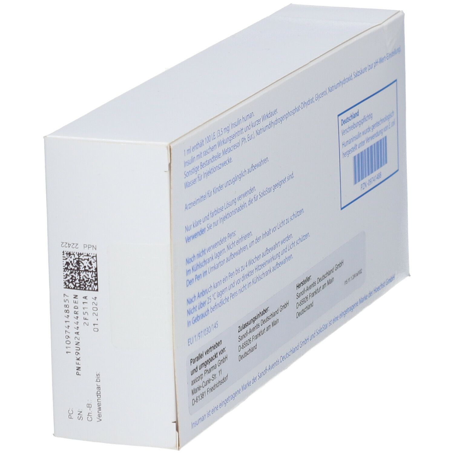 Rückseite des Kartons von Insuman Rapid SoloStar. Enthält Informationen und Barcode. Hersteller: Sanofi-Aventis Deutschland.