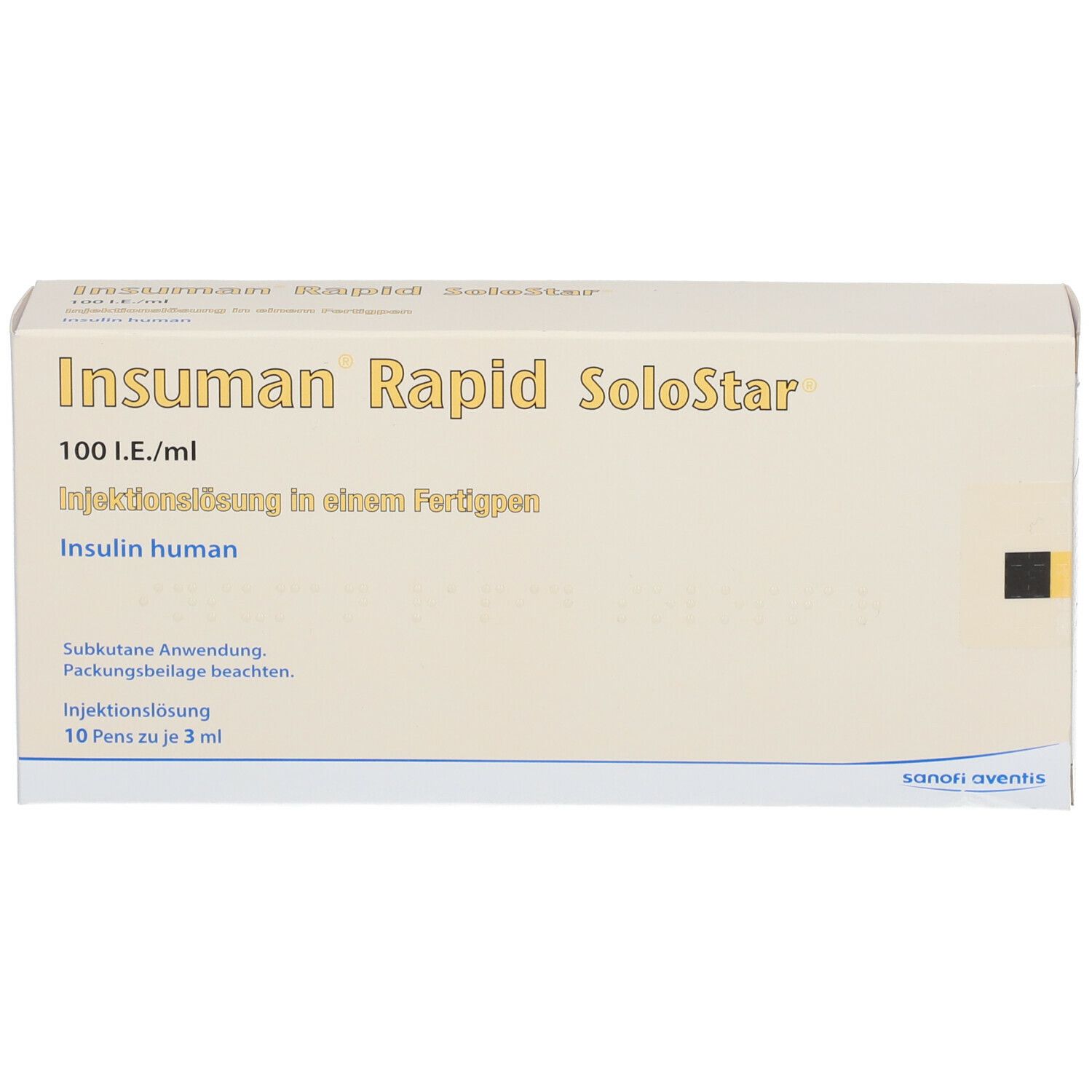 Karton von Insuman Rapid SoloStar. Aufschrift: 100 I.E./ml, Injektionslösung. Sanofi-Aventis Logo. 10 Pens.