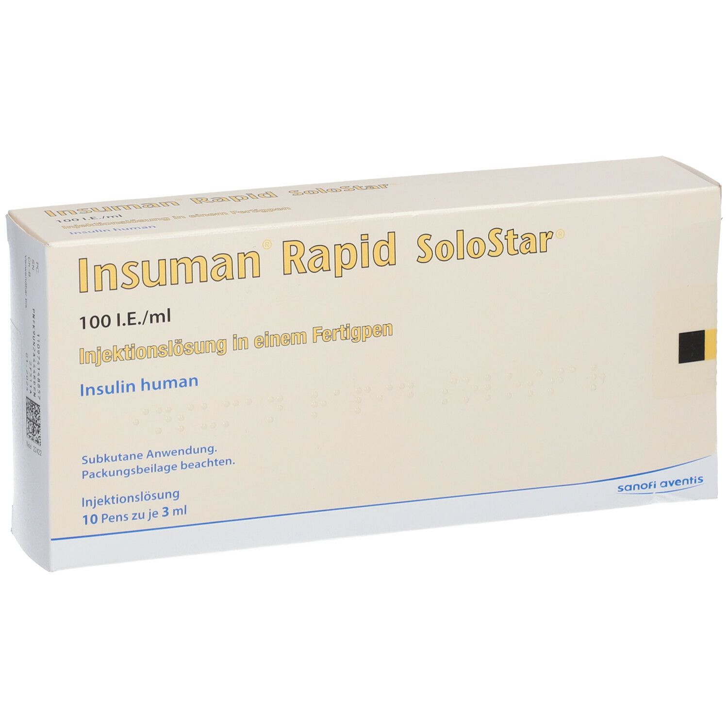 Karton von Insuman Rapid SoloStar. Aufschrift: 100 I.E./ml, Injektionslösung. Sanofi-Aventis Logo. 10 Pens.