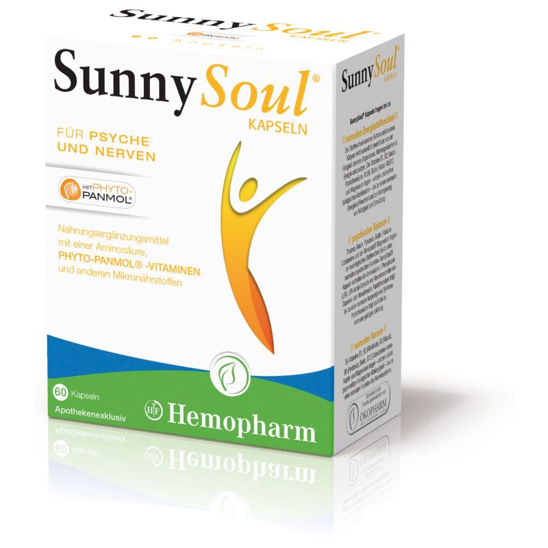 Weißer Karton mit Sunny Soul Kapseln. Aufschrift: Für Psyche und Nerven. Enthält 60 Kapseln. Marke Hemopharm.