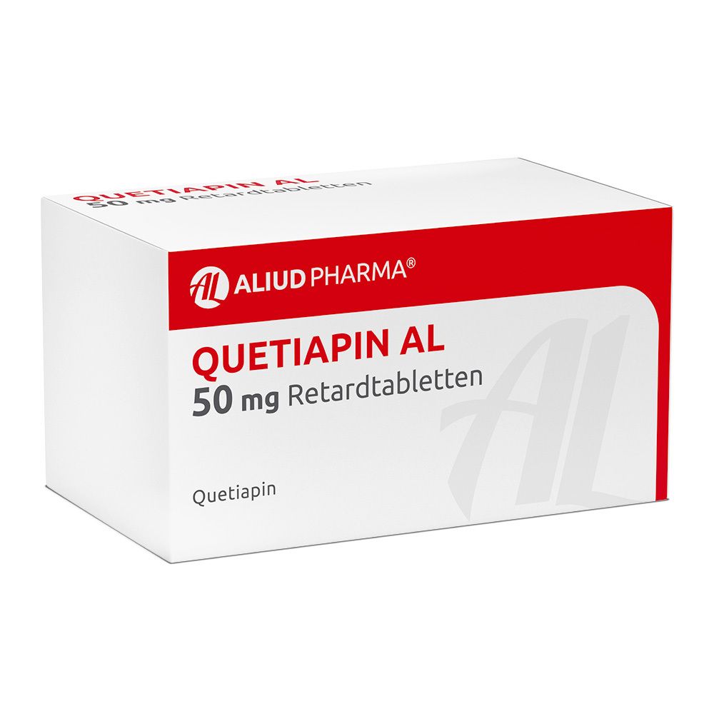 Quetiapin AL 50 mg Retardtabletten-Packung. Weißer Karton mit rotem Streifen. Aufdruck: AL, Produktname, Dosierung.
