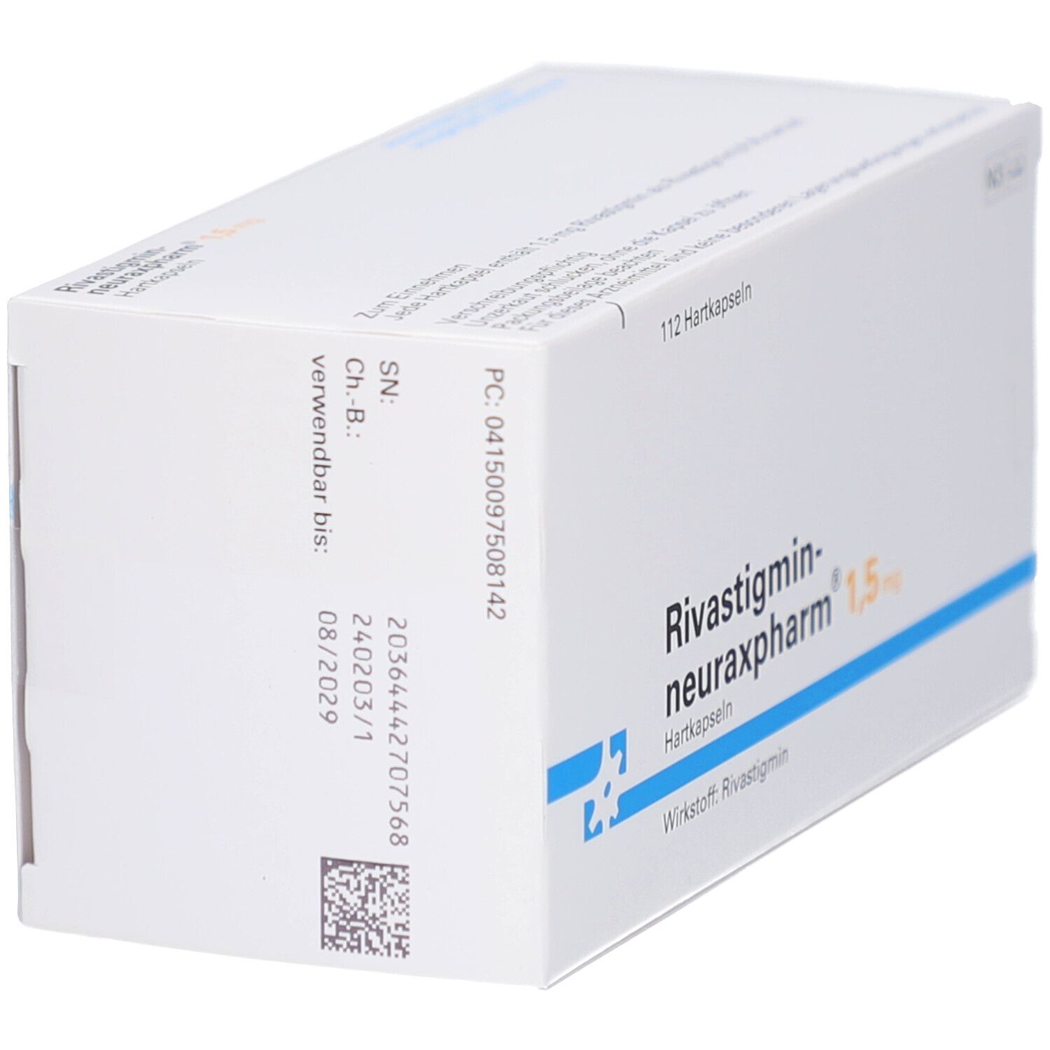 Weiße Schachtel mit Aufschrift RIVASTIGMIN neuraxpharm 1,5 mg Hartkapseln. Enthält 112 Hartkapseln. Details zu Chargennummer und Verfallsdatum.